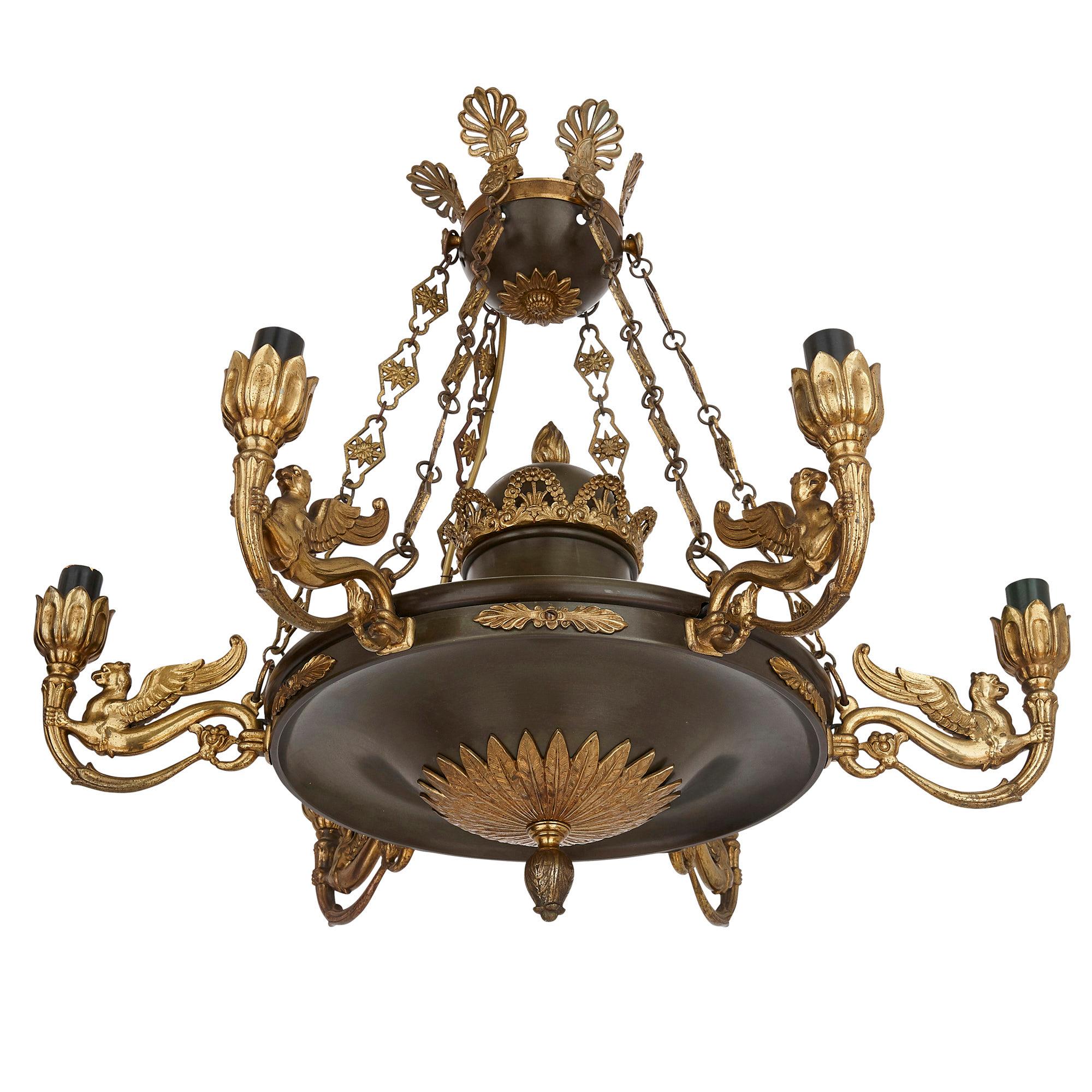 Antique French Empire Style Brown Painted Metal and Gilt Bronze Chandelier For Sale 2