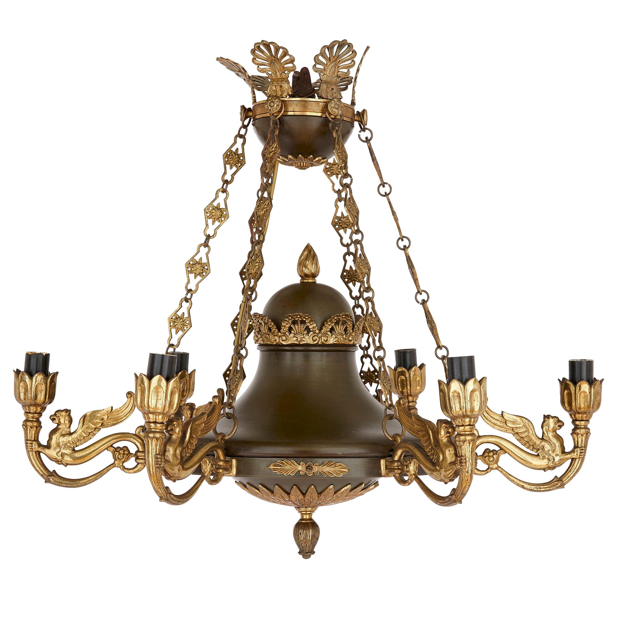 Antique French Empire Style Brown Painted Metal and Gilt Bronze Chandelier For Sale