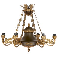 Antique French Empire Style Brown Painted Metal and Gilt Bronze Chandelier
