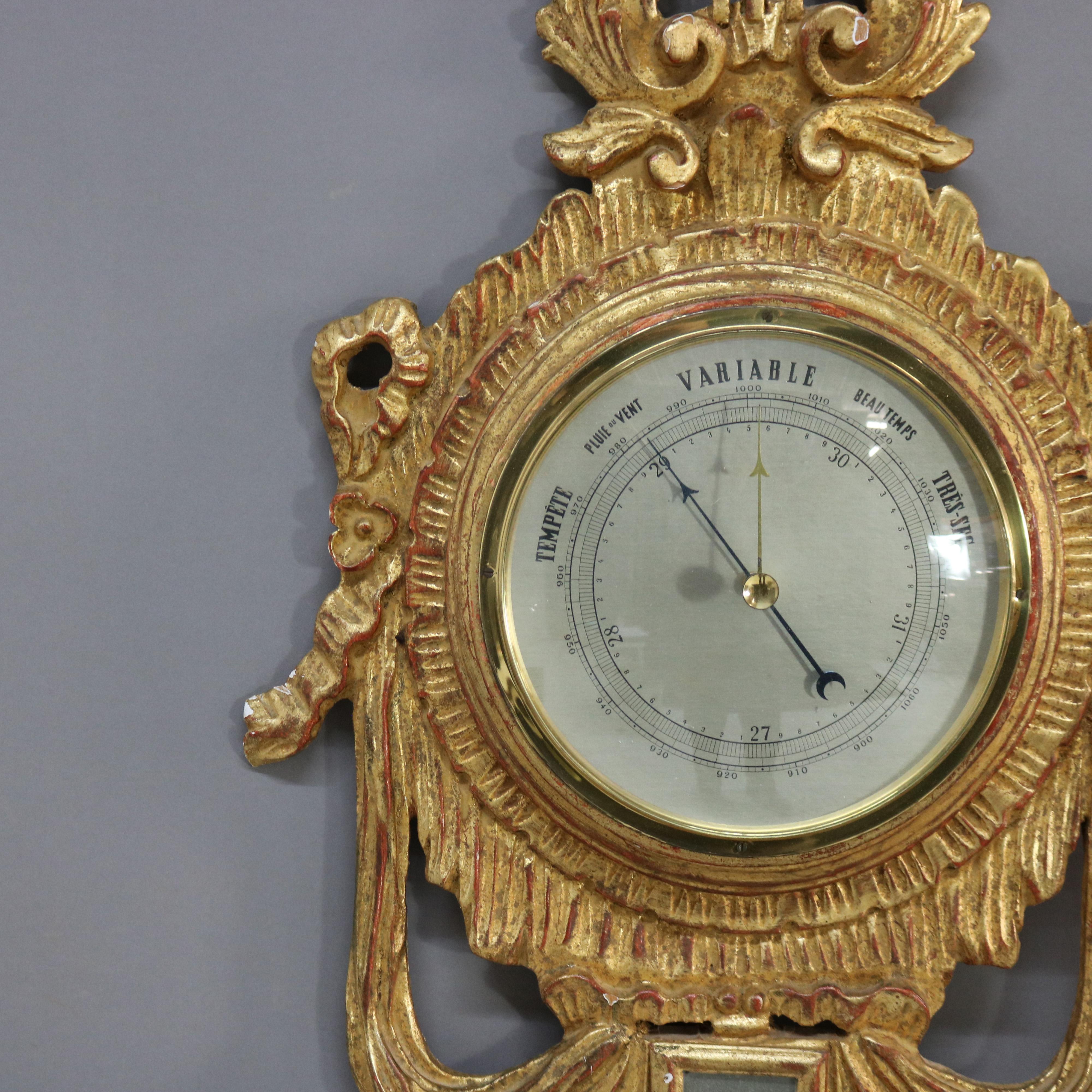 Antique French Barómetro de madera dorada tallada de estilo Imperio Firmado C1930 Madera dorada en venta
