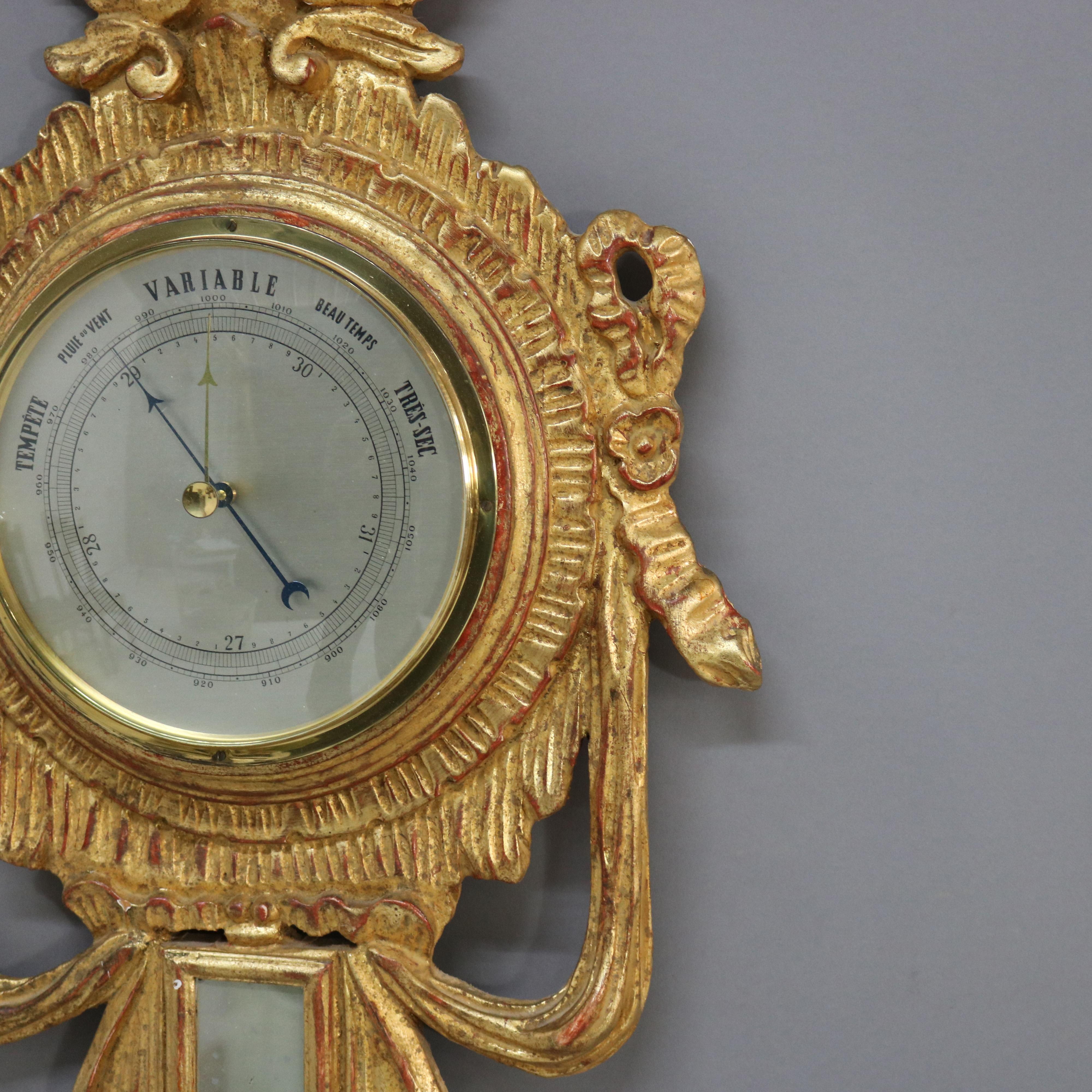 Antique French Barómetro de madera dorada tallada de estilo Imperio Firmado C1930 en venta 1