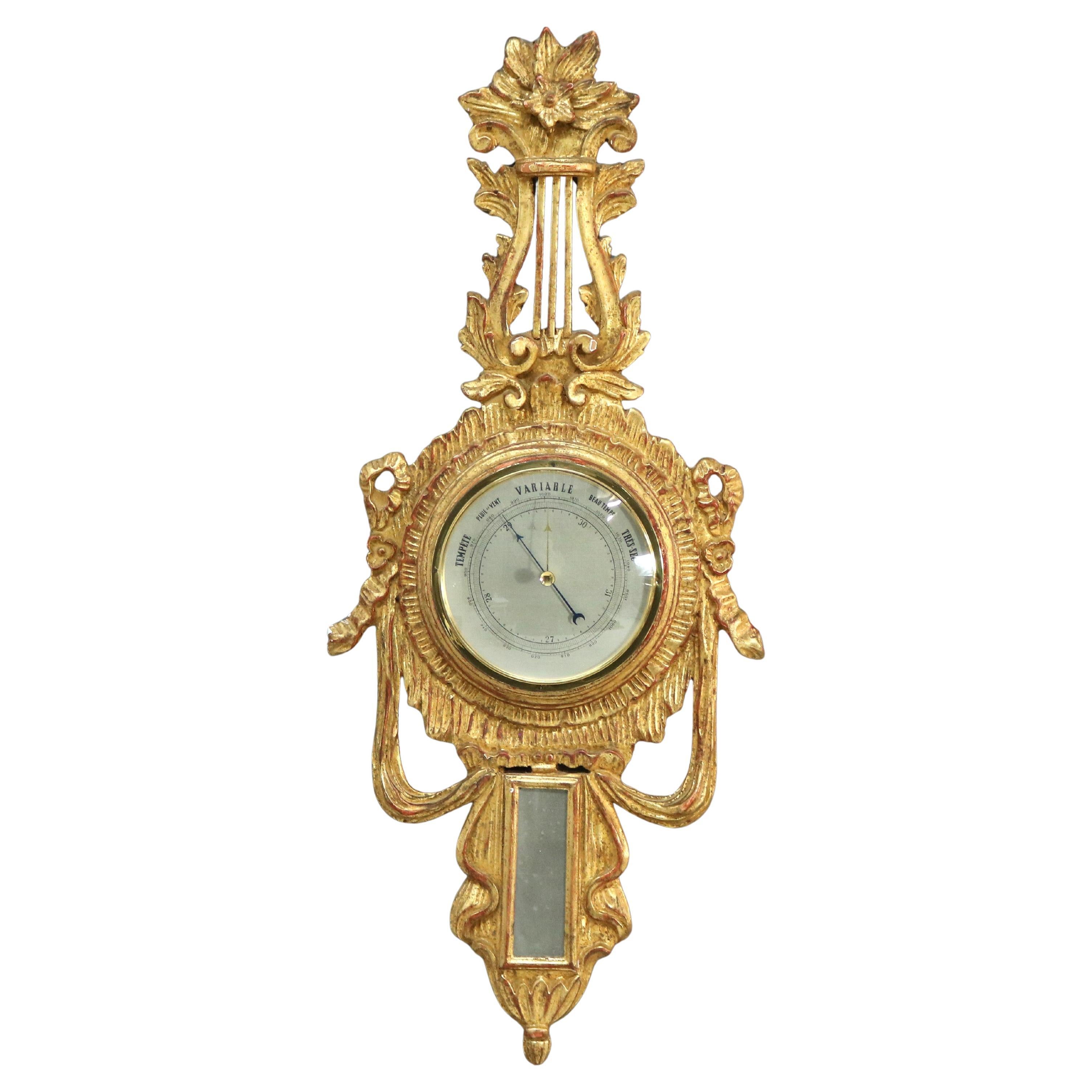 Antique French Barómetro de madera dorada tallada de estilo Imperio Firmado C1930 en venta