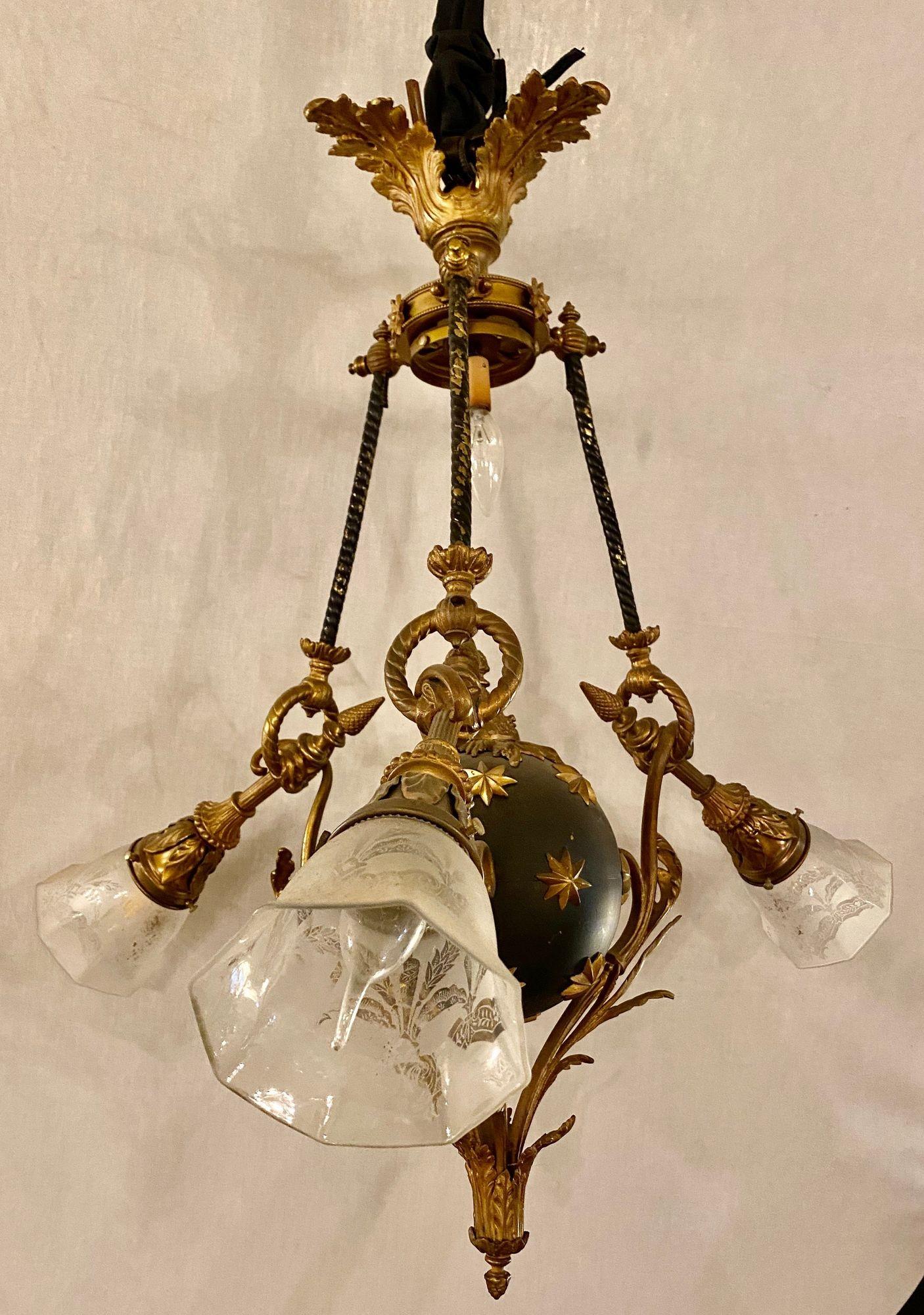 Antique French Empire Style Chandelier Ebonized Sphere with Bronze Surrounds 11