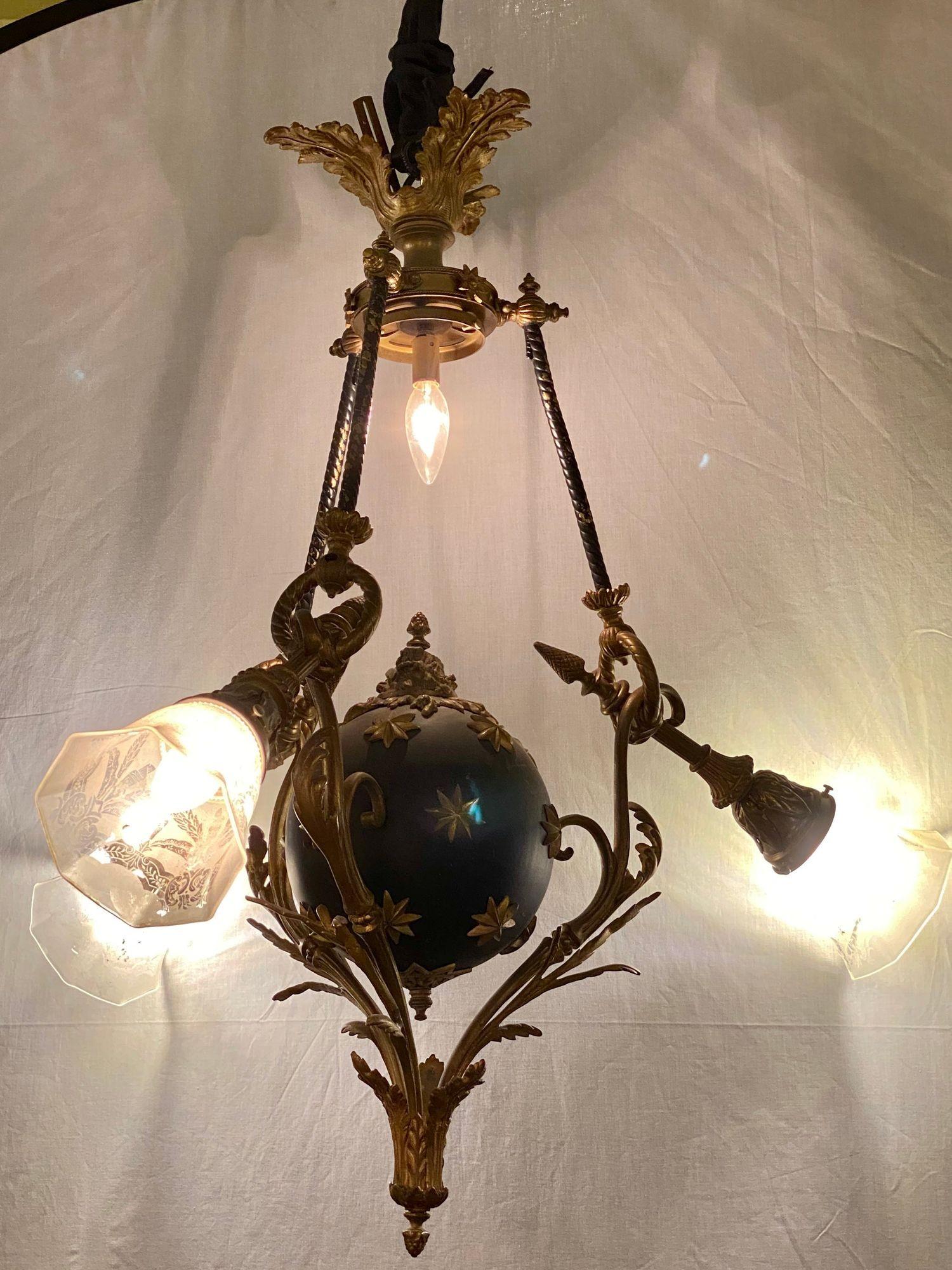 Antique French Empire Style Chandelier Ebonized Sphere with Bronze Surrounds In Good Condition In Stamford, CT
