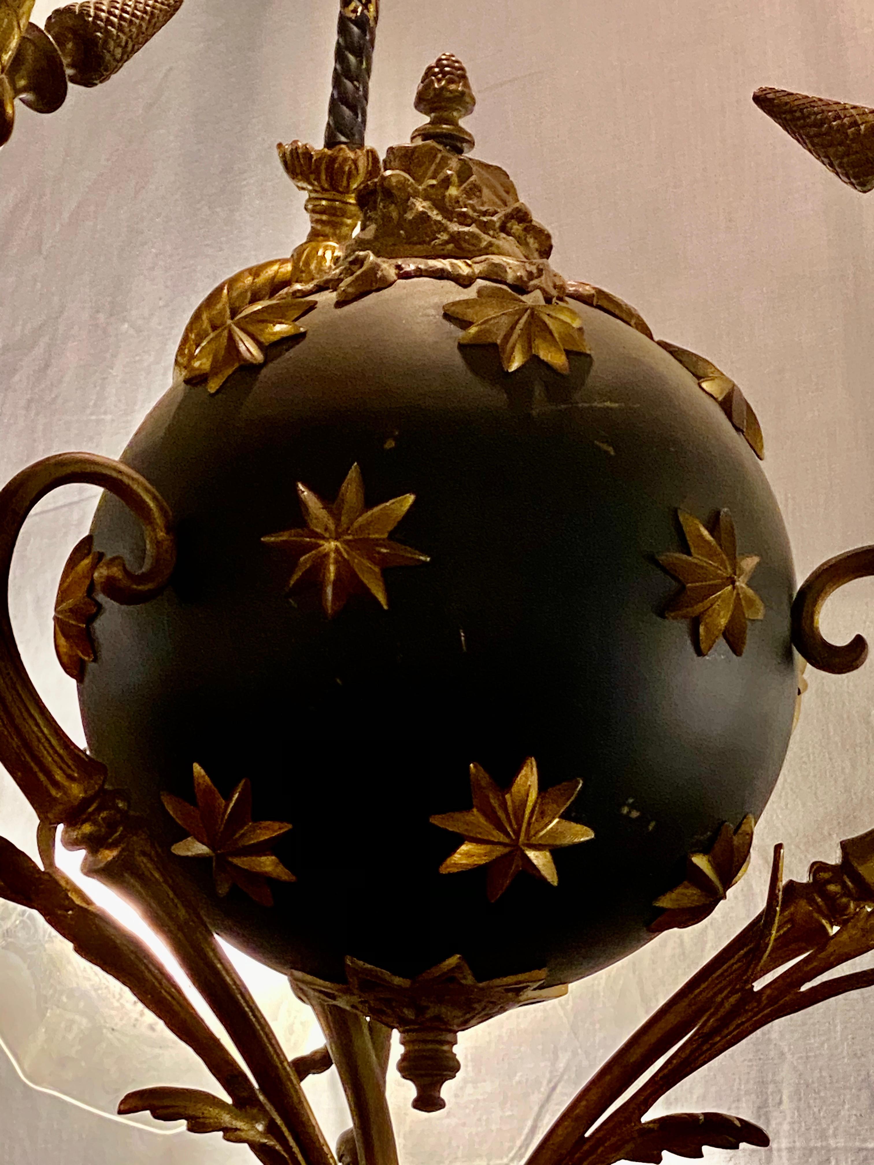20th Century Antique French Empire Style Chandelier Ebonized Sphere with Bronze Surrounds