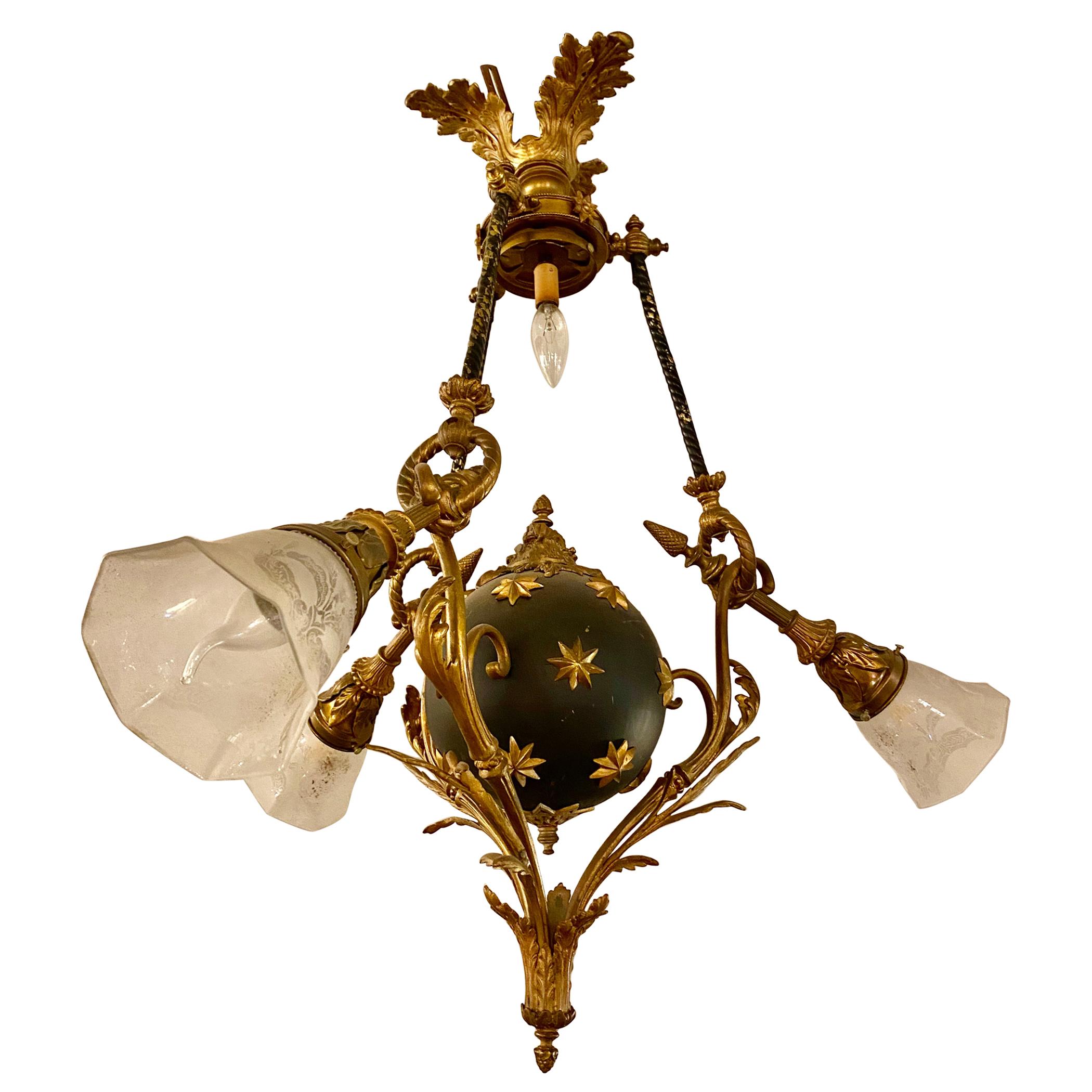 Antique French Empire Style Chandelier Ebonized Sphere with Bronze Surrounds