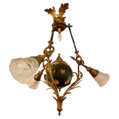 Antique French Empire Style Chandelier Ebonized Sphere with Bronze Surrounds