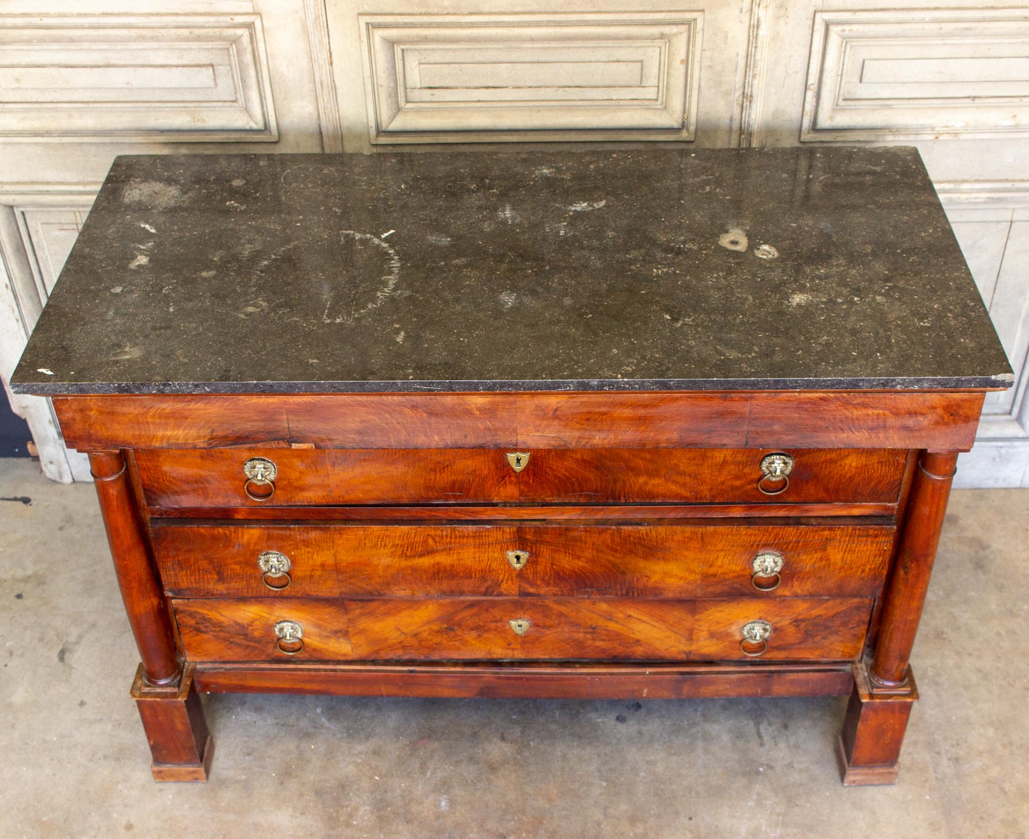 Empire Revival Antique French Empire Style Chest with Fossilized Marble Top & Lion Hardware