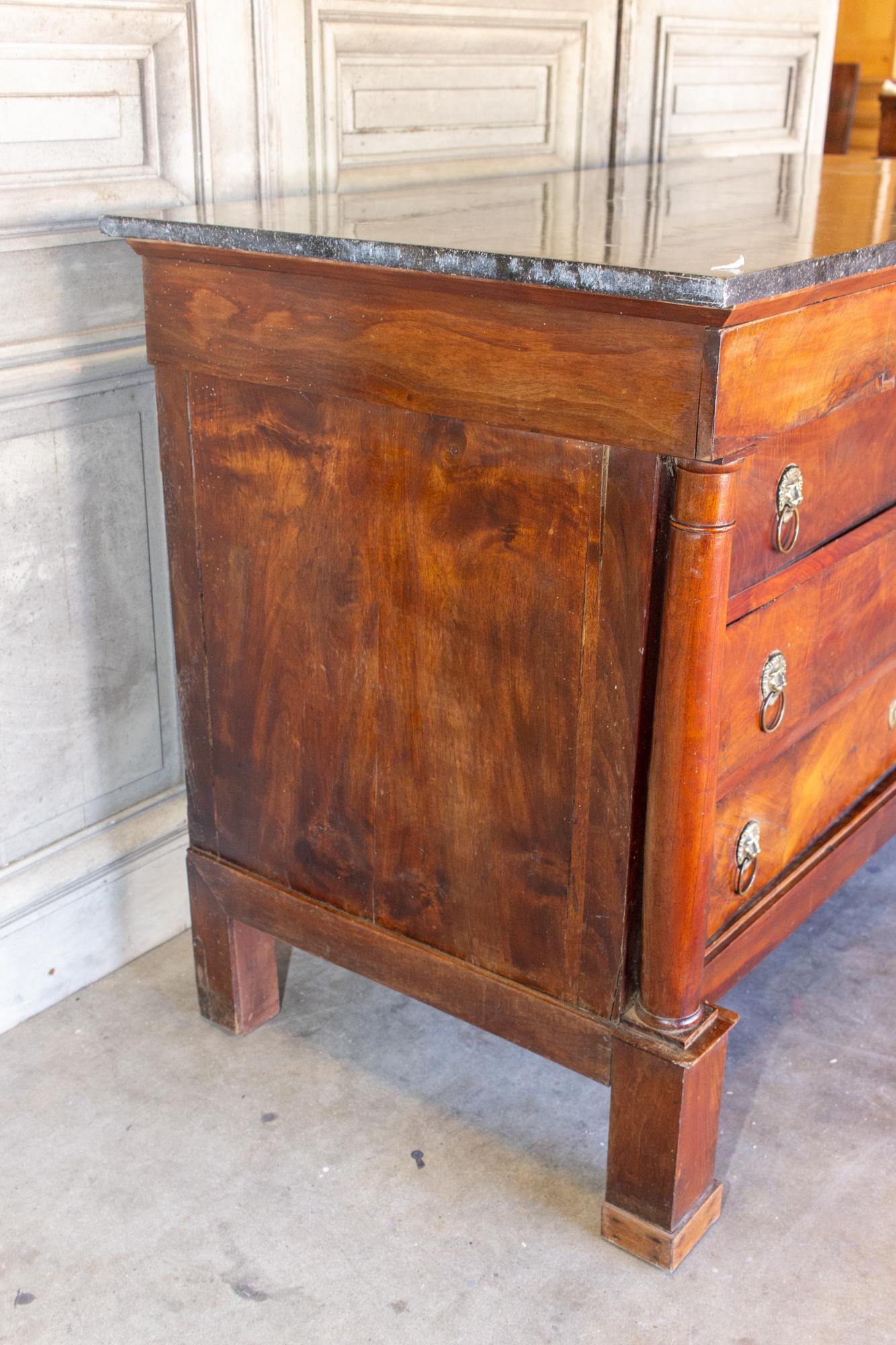 Veneer Antique French Empire Style Chest with Fossilized Marble Top & Lion Hardware