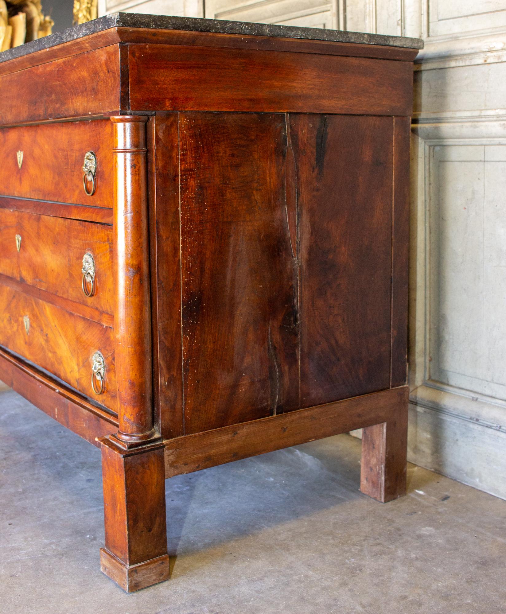 Antique French Empire Style Chest with Fossilized Marble Top & Lion Hardware In Good Condition In Houston, TX