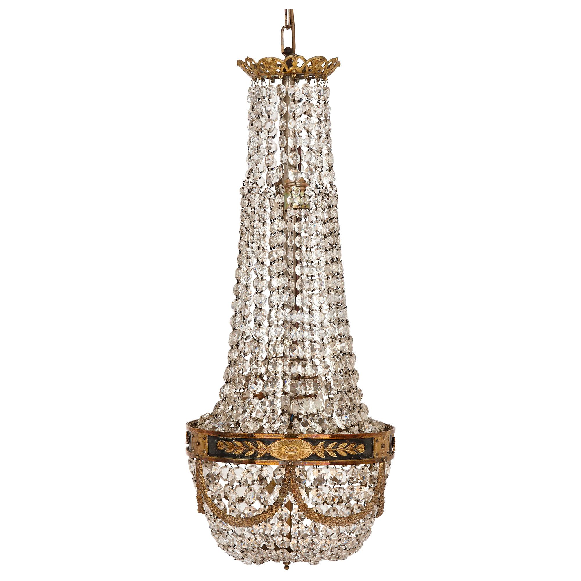 Antique French Empire Style Cut Glass and Gilt Bronze Chandelier
