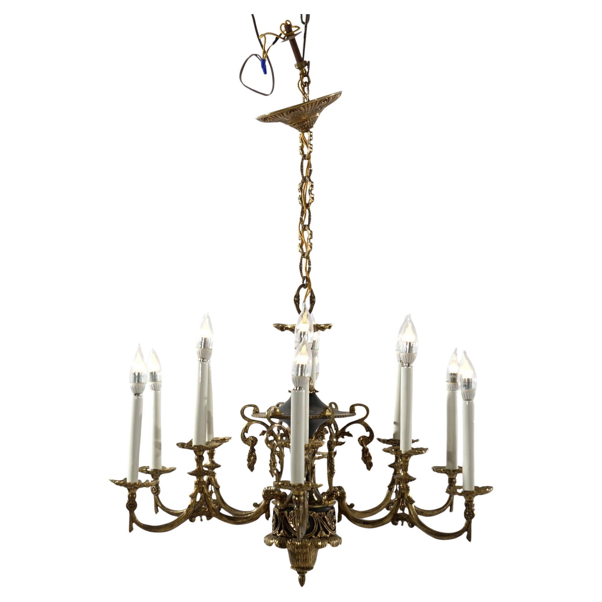 Antique French Empire Style Ebonized Bronze 12 Light Chandelier c1930