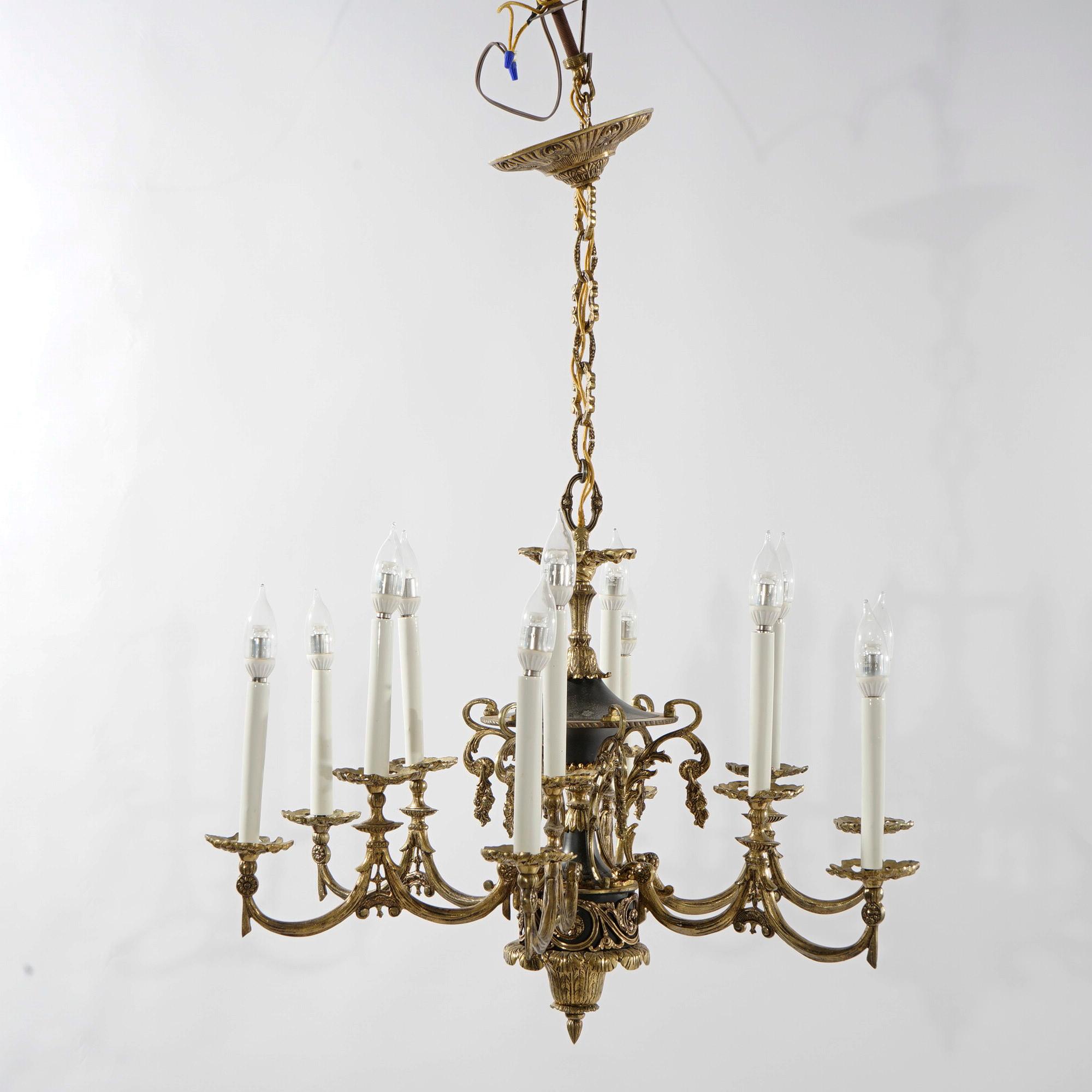 Antique French Empire Style Ebonized Bronze Twelve-Light Chandelier, Early 20thC In Good Condition For Sale In Big Flats, NY