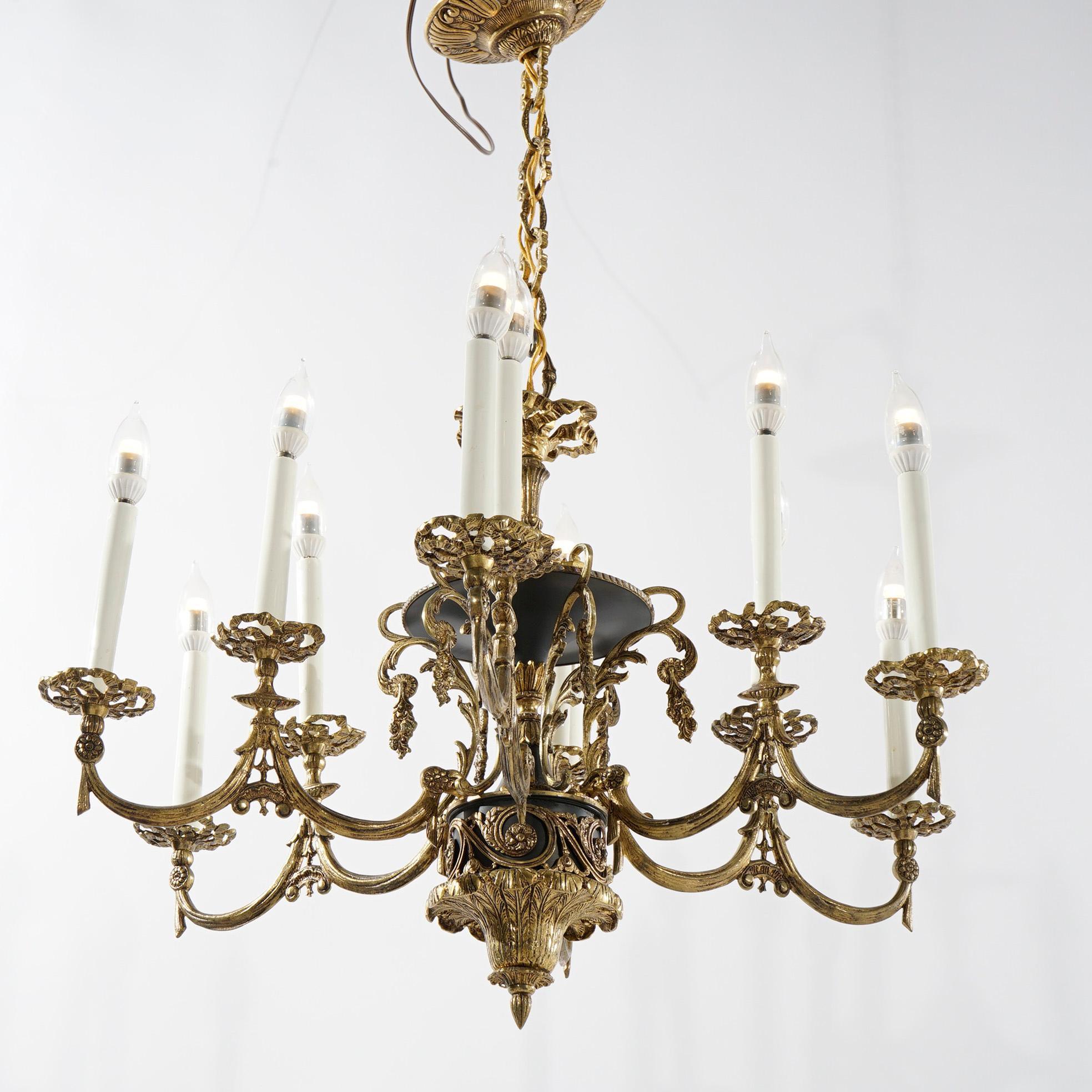 20th Century Antique French Empire Style Ebonized Bronze Twelve-Light Chandelier, Early 20thC For Sale
