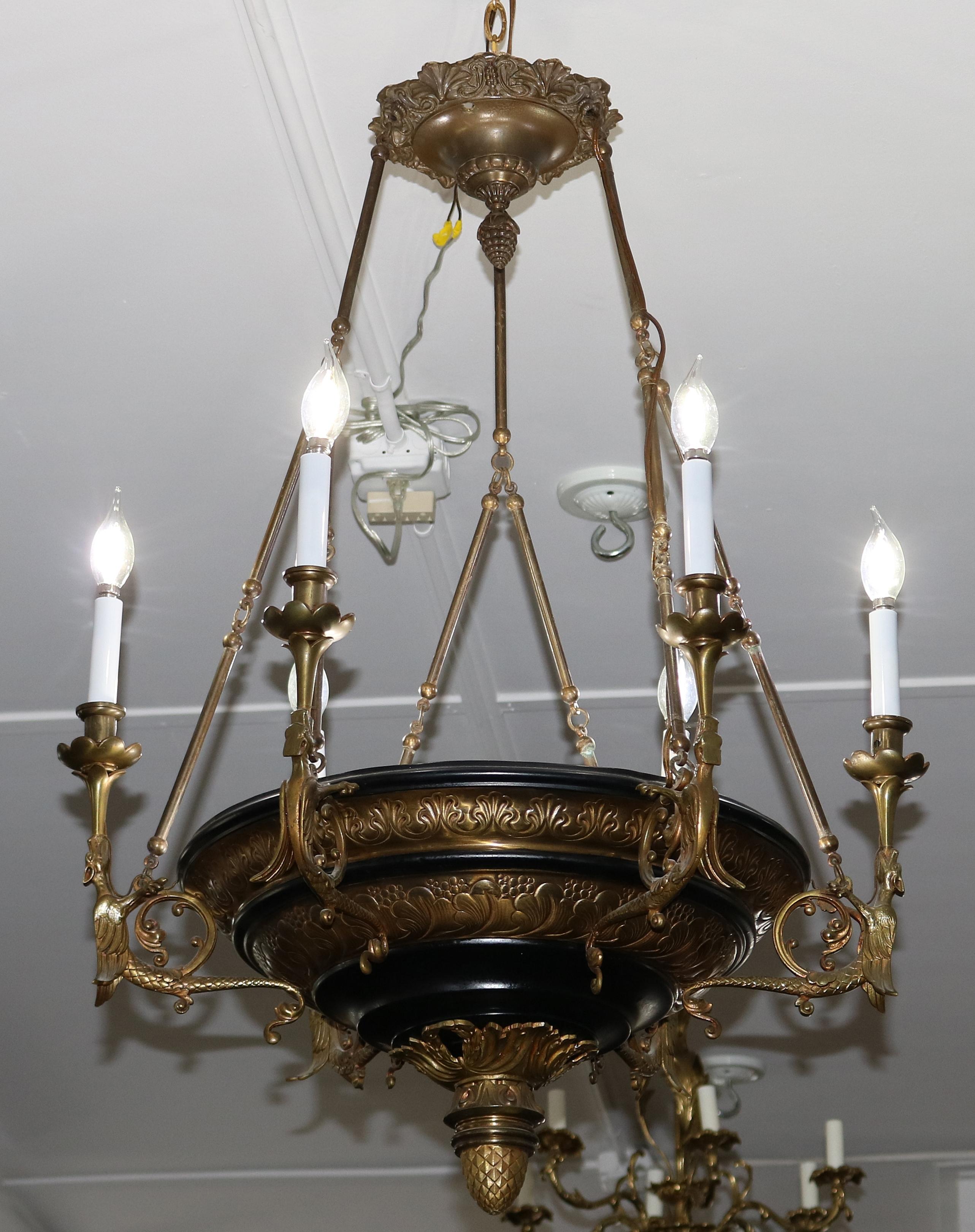 ​Antique French Empire Style Figural Carved Dragons 9 Light Chandelier 
Measures 
37 In H x 27.25 In w x 27.24 D