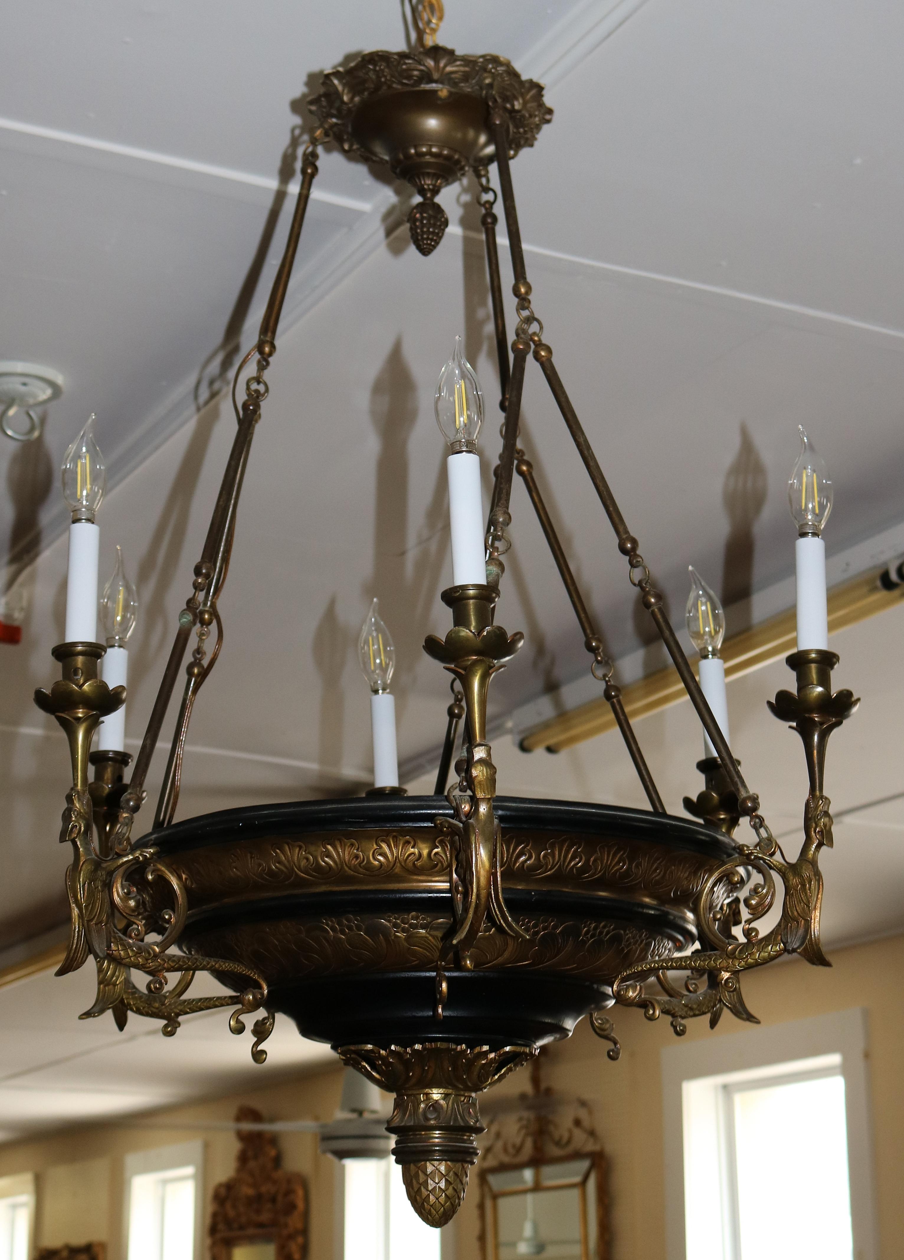 Antique French Empire Style Figural Carved Dragons 9 Light Chandelier  In Good Condition For Sale In Long Branch, NJ