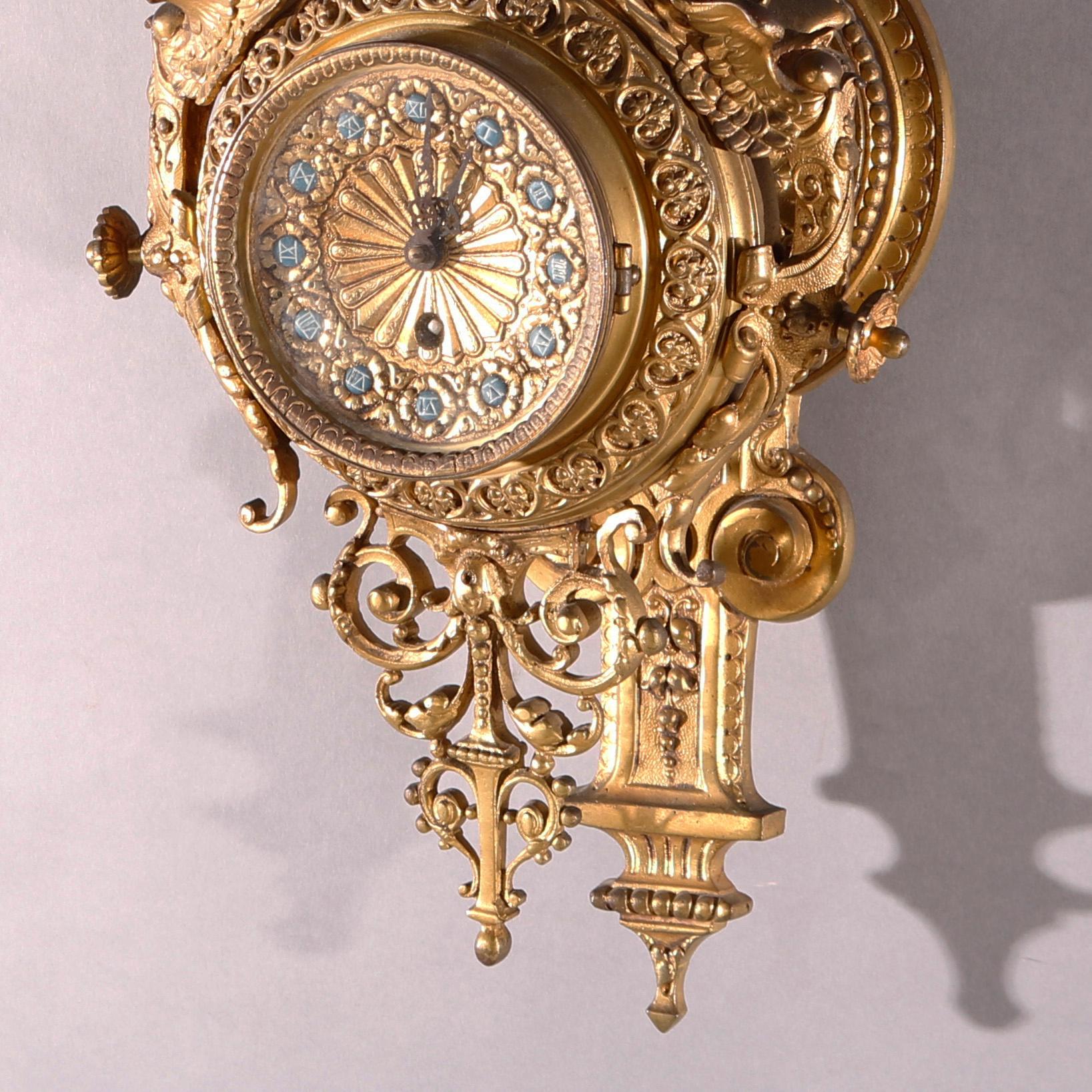 Antique French Empire Style Figural Gilt Bronze Hanging Wall Clock, circa 1880 In Good Condition In Big Flats, NY