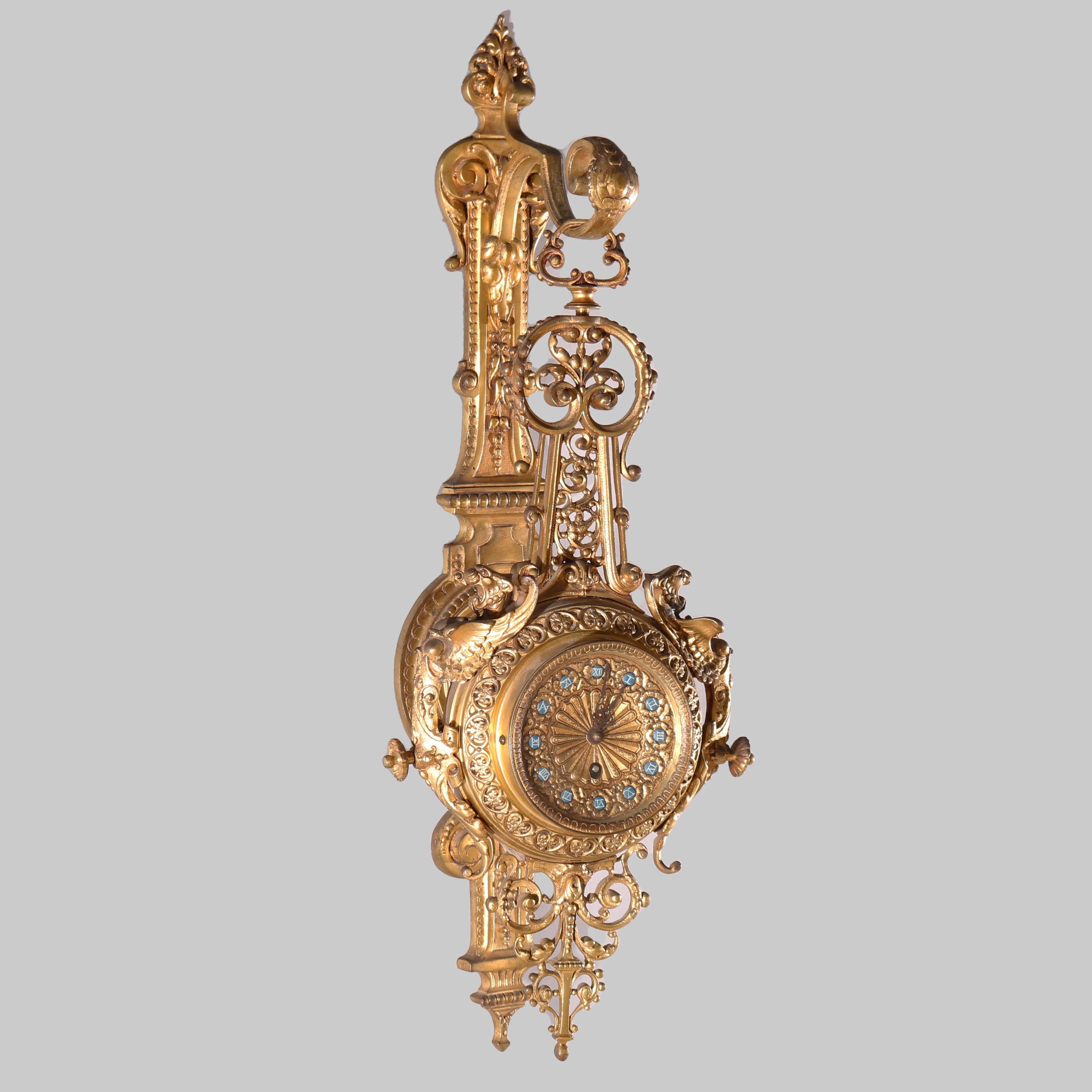 19th Century Antique French Empire Style Figural Gilt Bronze Hanging Wall Clock, circa 1880