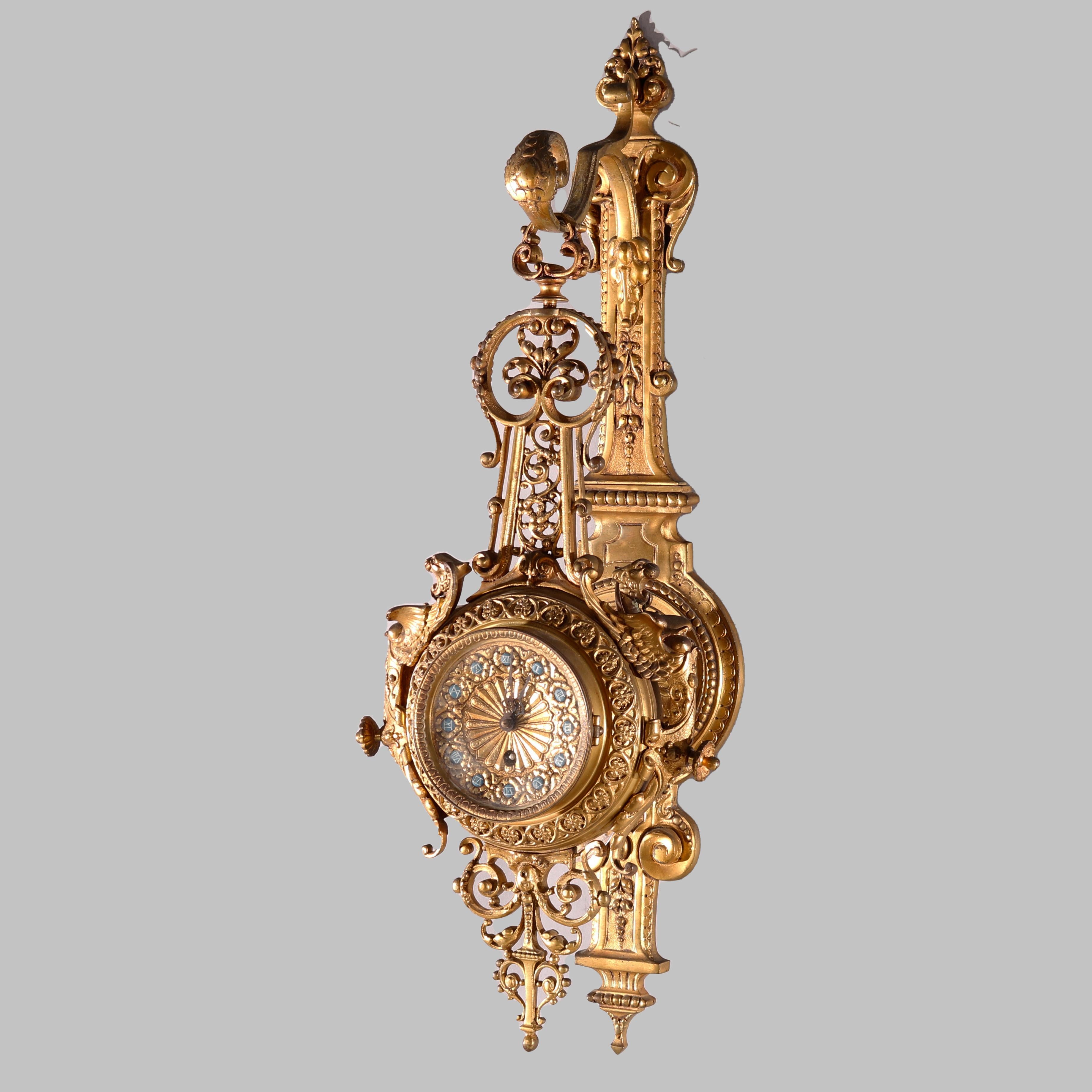 Antique French Empire Style Figural Gilt Bronze Hanging Wall Clock, circa 1880 1