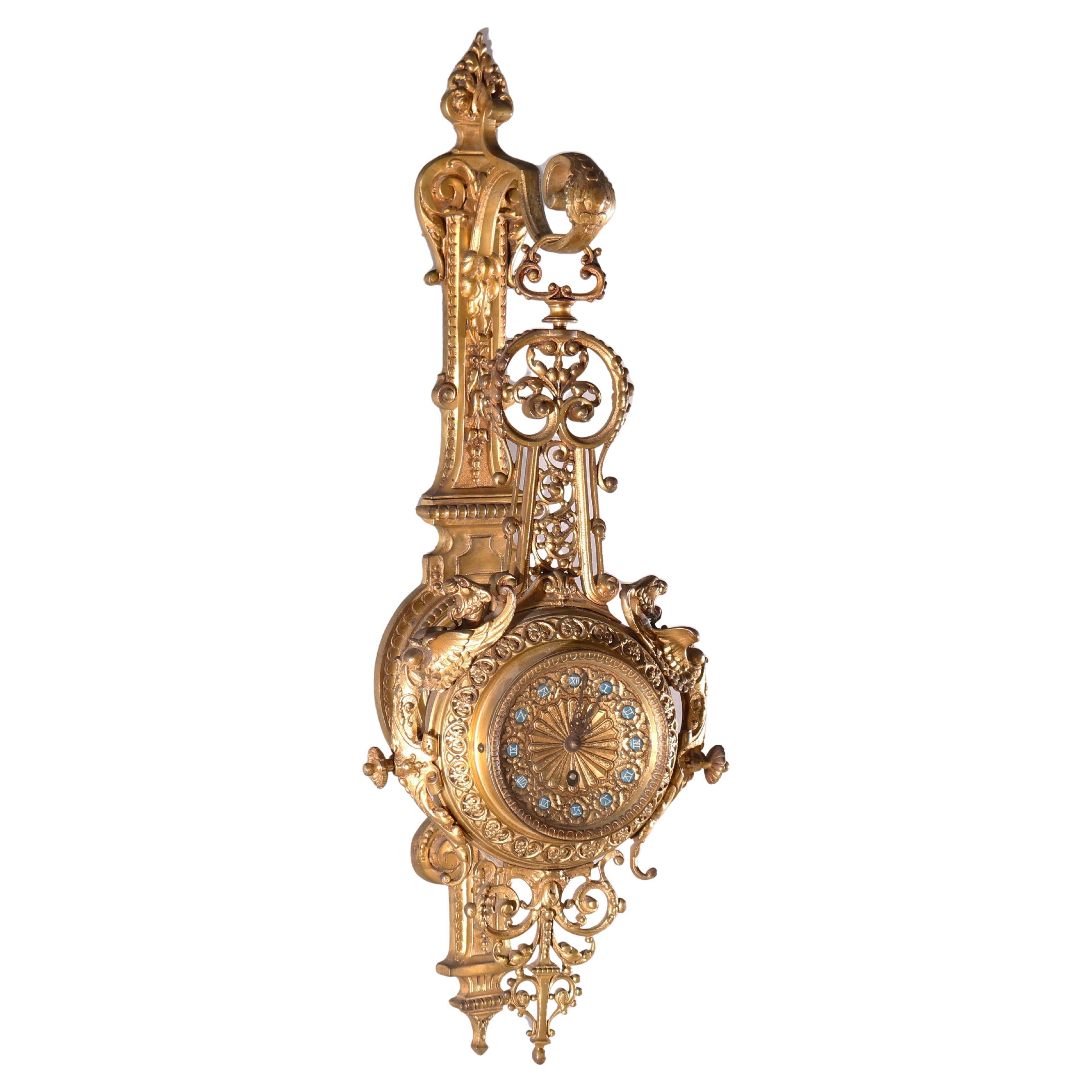 Antique French Empire Style Figural Gilt Bronze Hanging Wall Clock, circa 1880