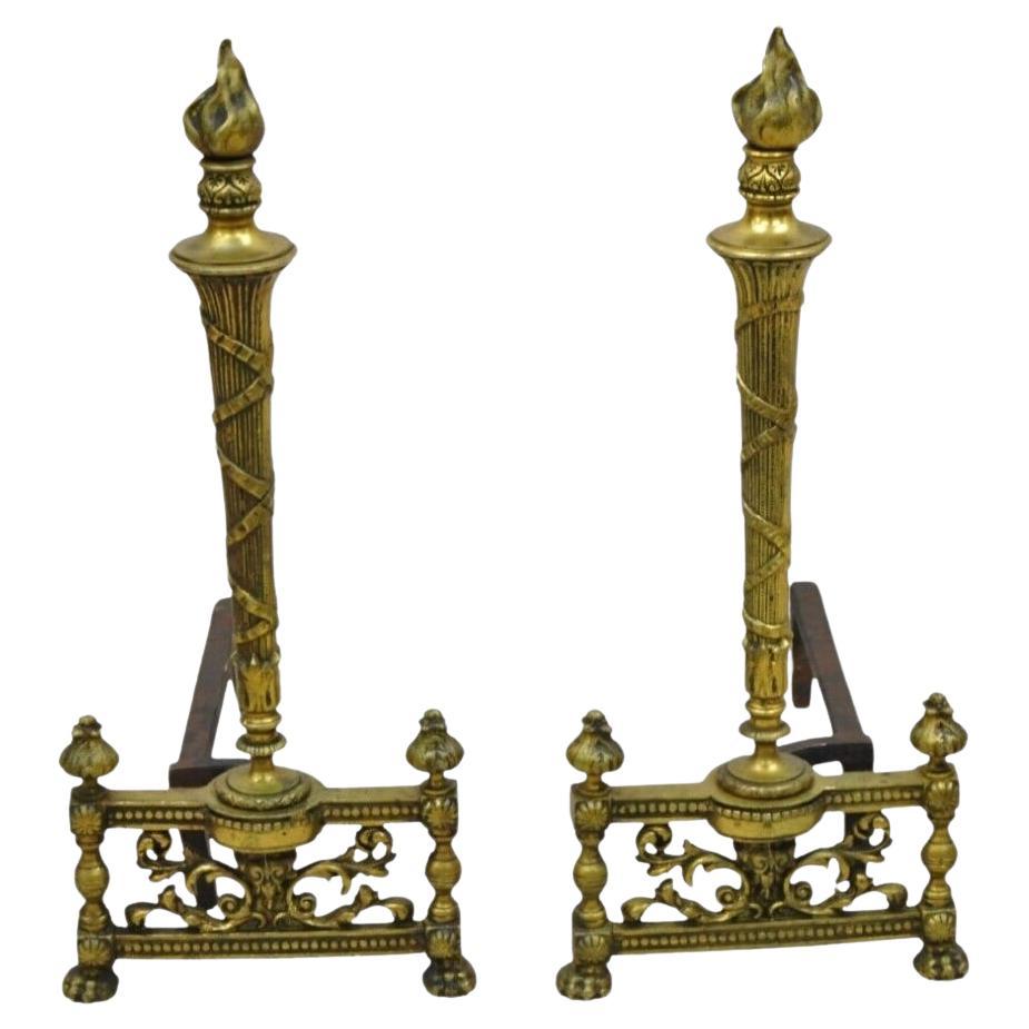 Antique French Empire Style Flame Finial Brass and Cast Iron Andirons - a Pair For Sale