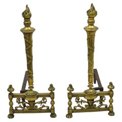 Antique French Empire Style Flame Finial Brass and Cast Iron Andirons - a Pair