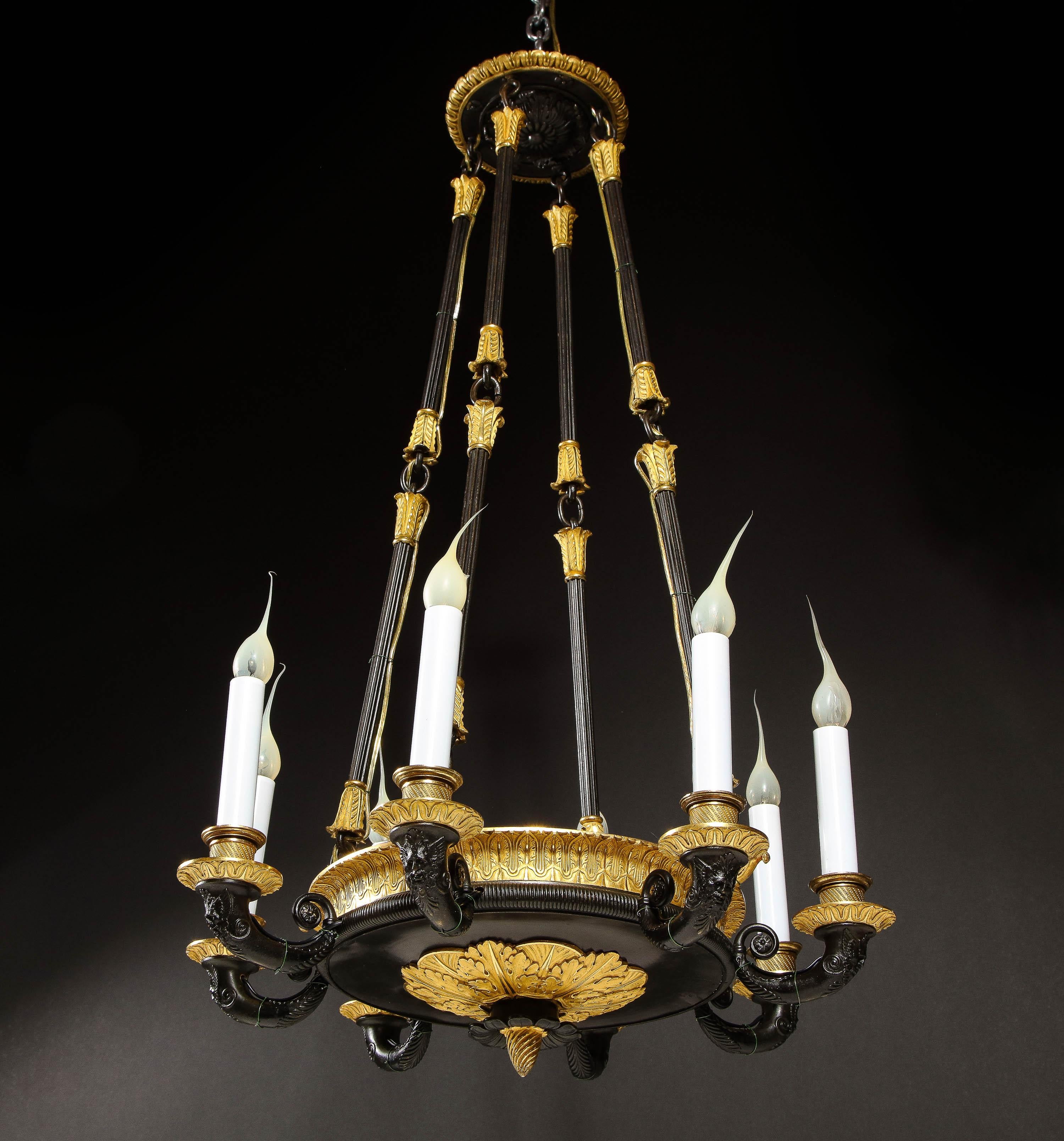 Antique French Empire Style Gilt and Patinated Bronze Chandelier In Good Condition For Sale In New York, NY