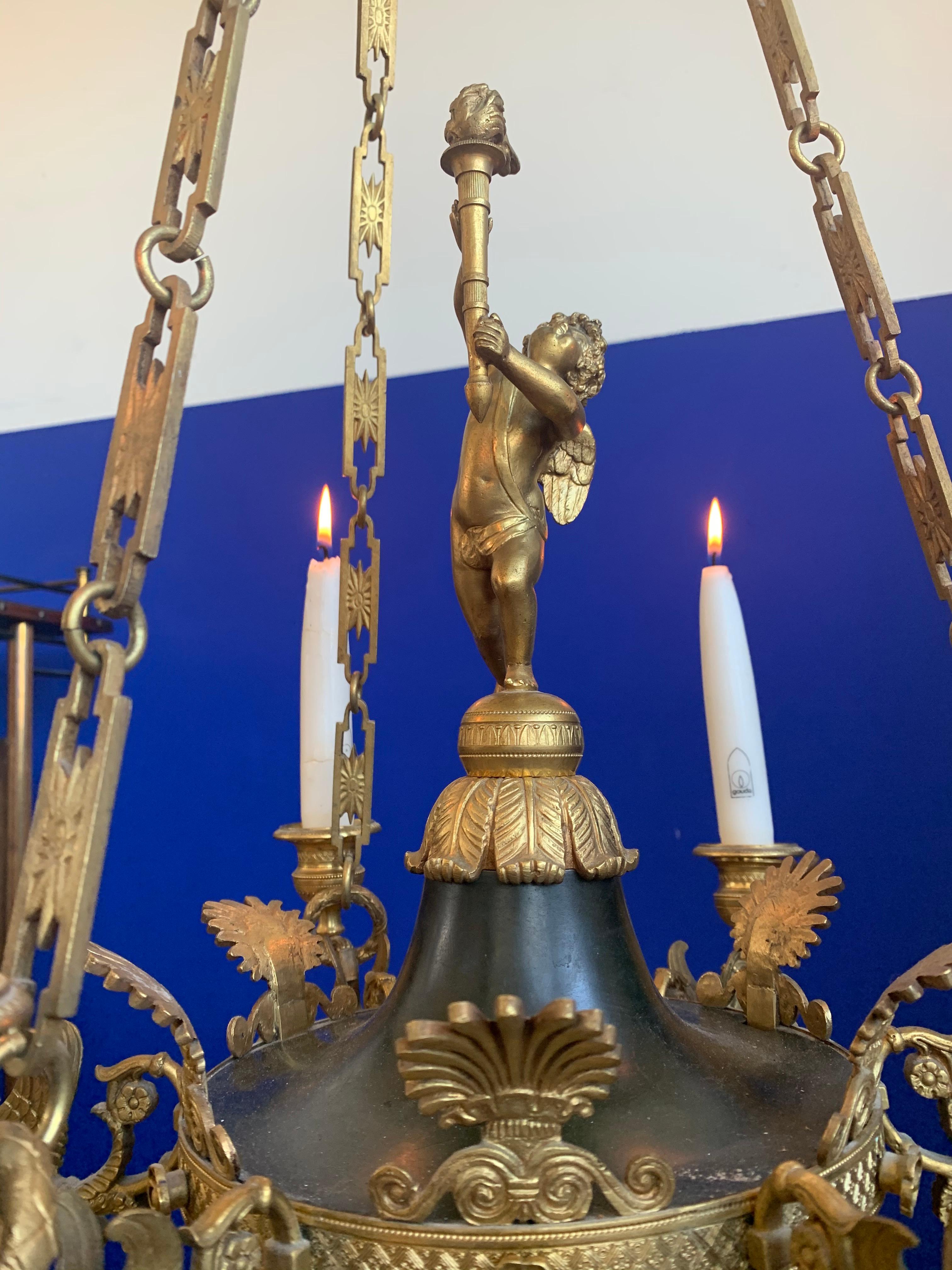 Antique French Empire Gilt Bronze Candle Pendant Light or Chandelier with Cherub For Sale 3