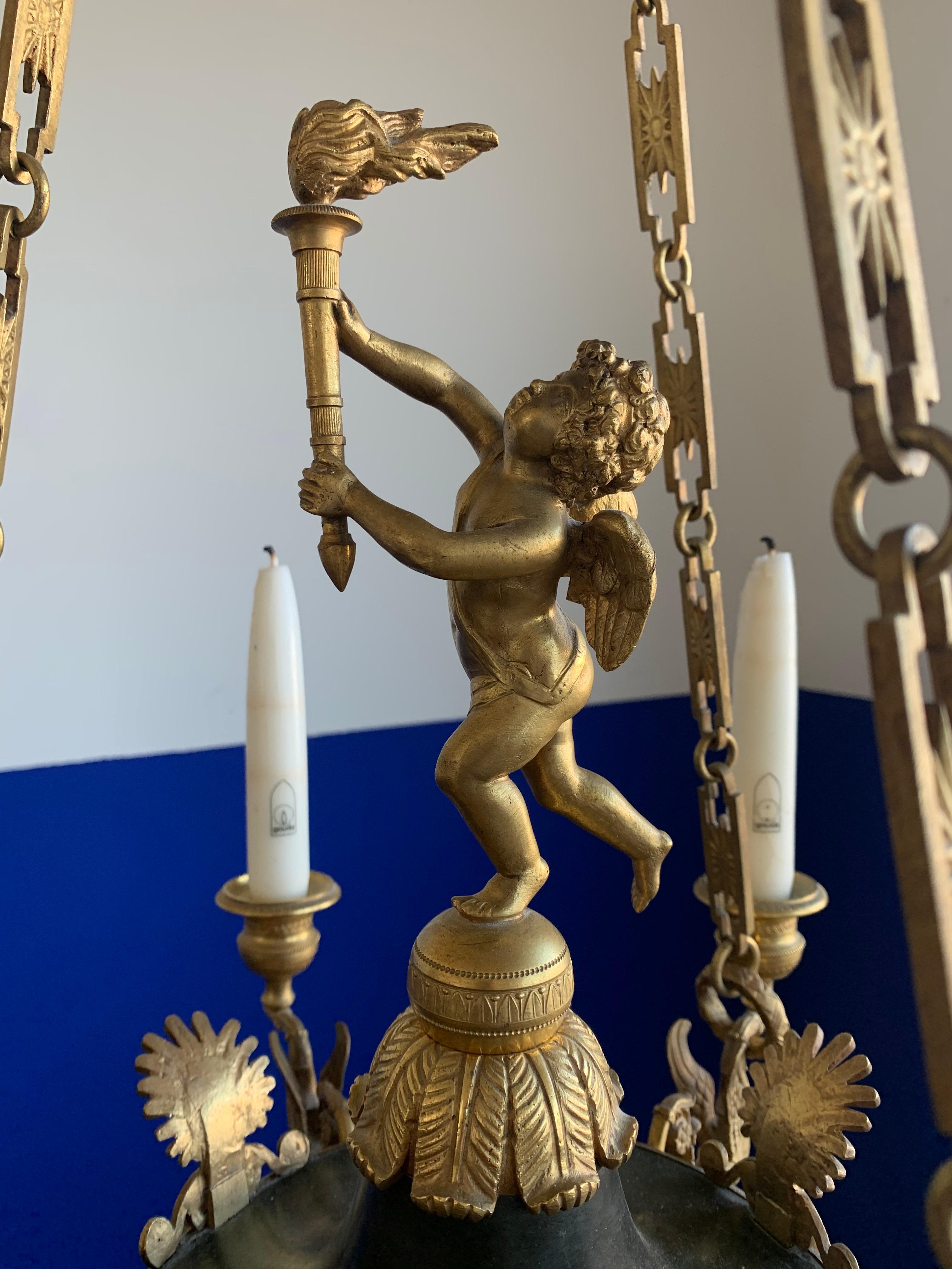 Antique French Empire Gilt Bronze Candle Pendant Light or Chandelier with Cherub For Sale 4