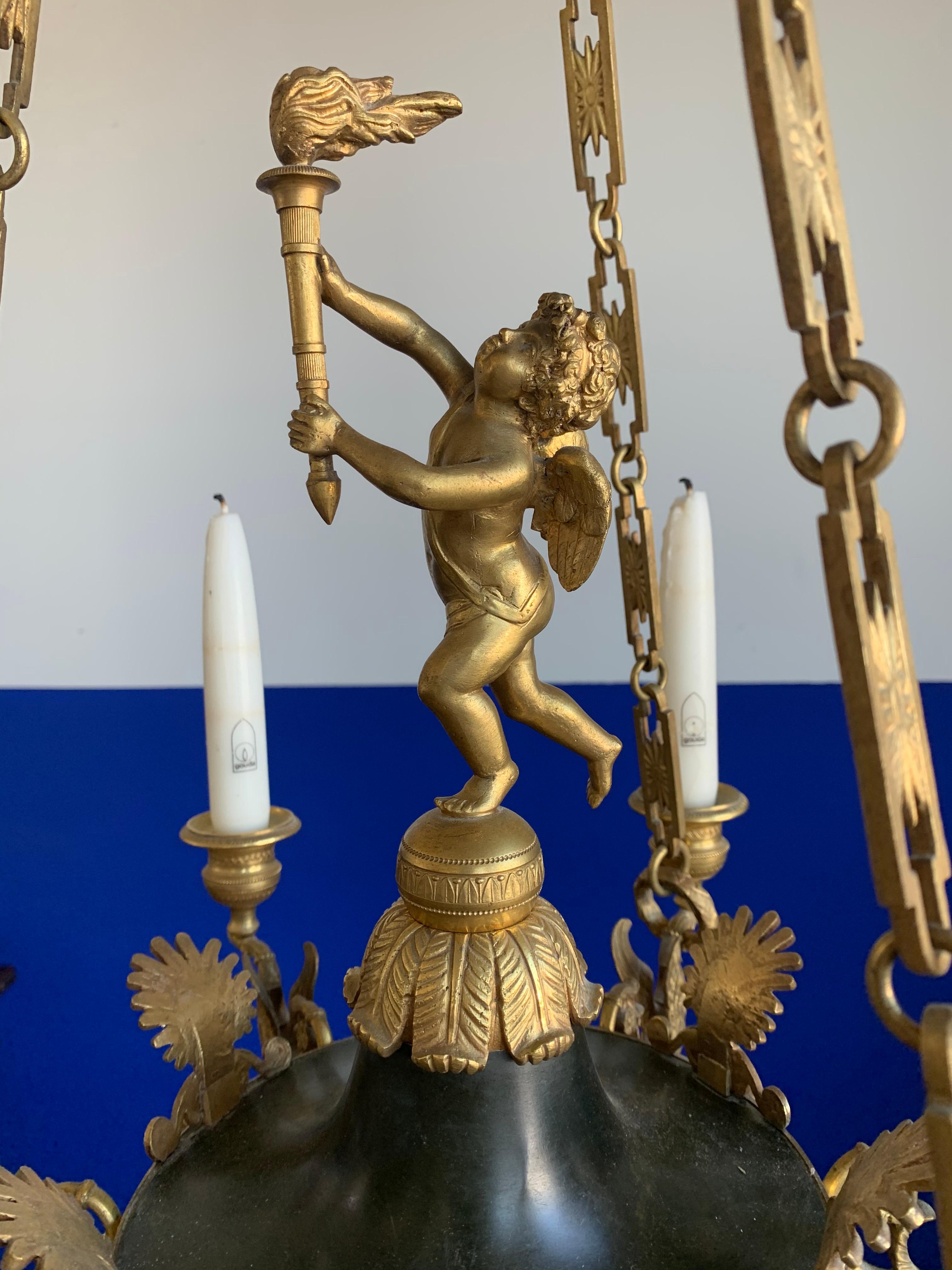 Antique French Empire Gilt Bronze Candle Pendant Light or Chandelier with Cherub For Sale 9