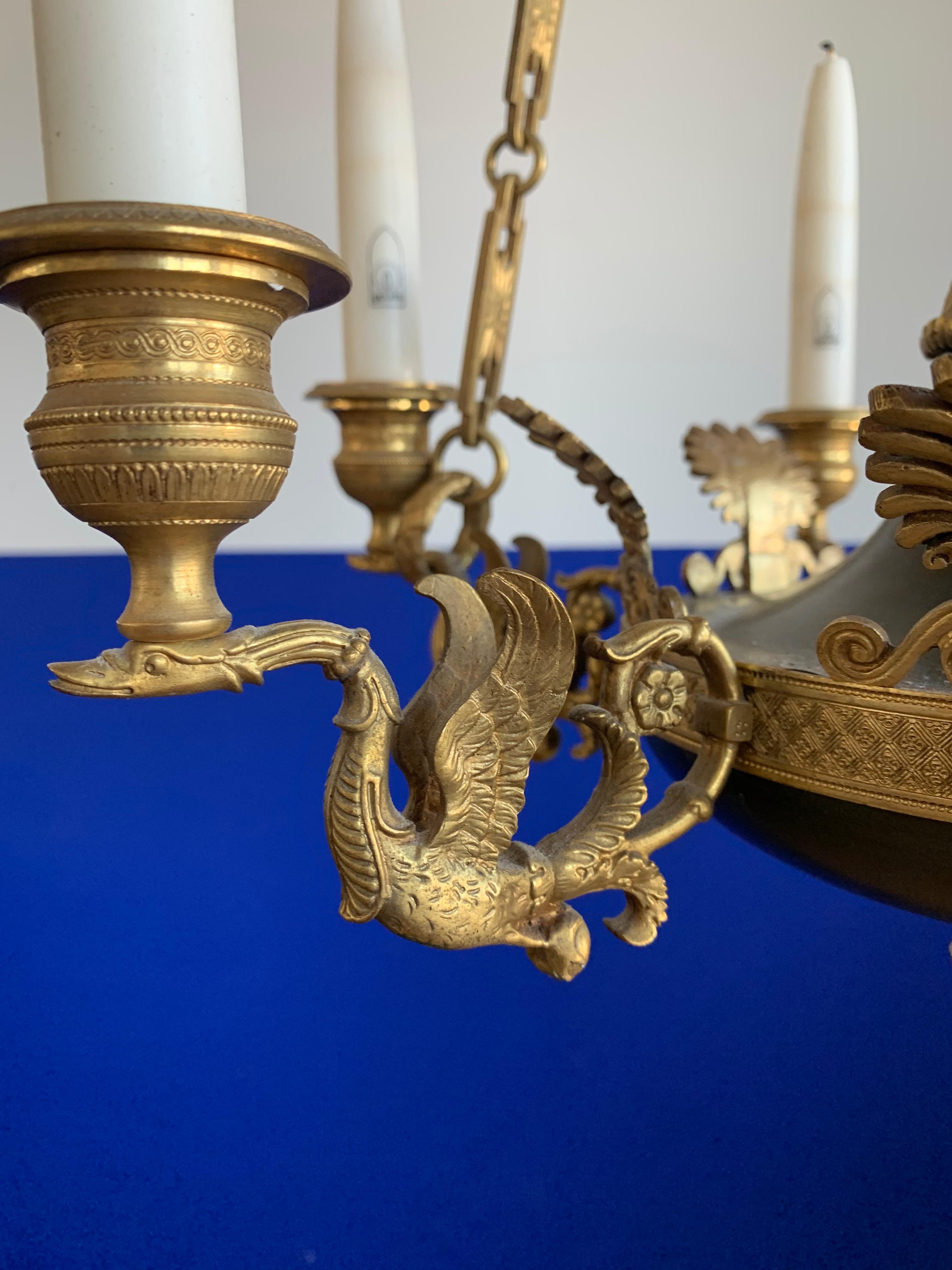 Antique French Empire Gilt Bronze Candle Pendant Light or Chandelier with Cherub In Excellent Condition For Sale In Lisse, NL