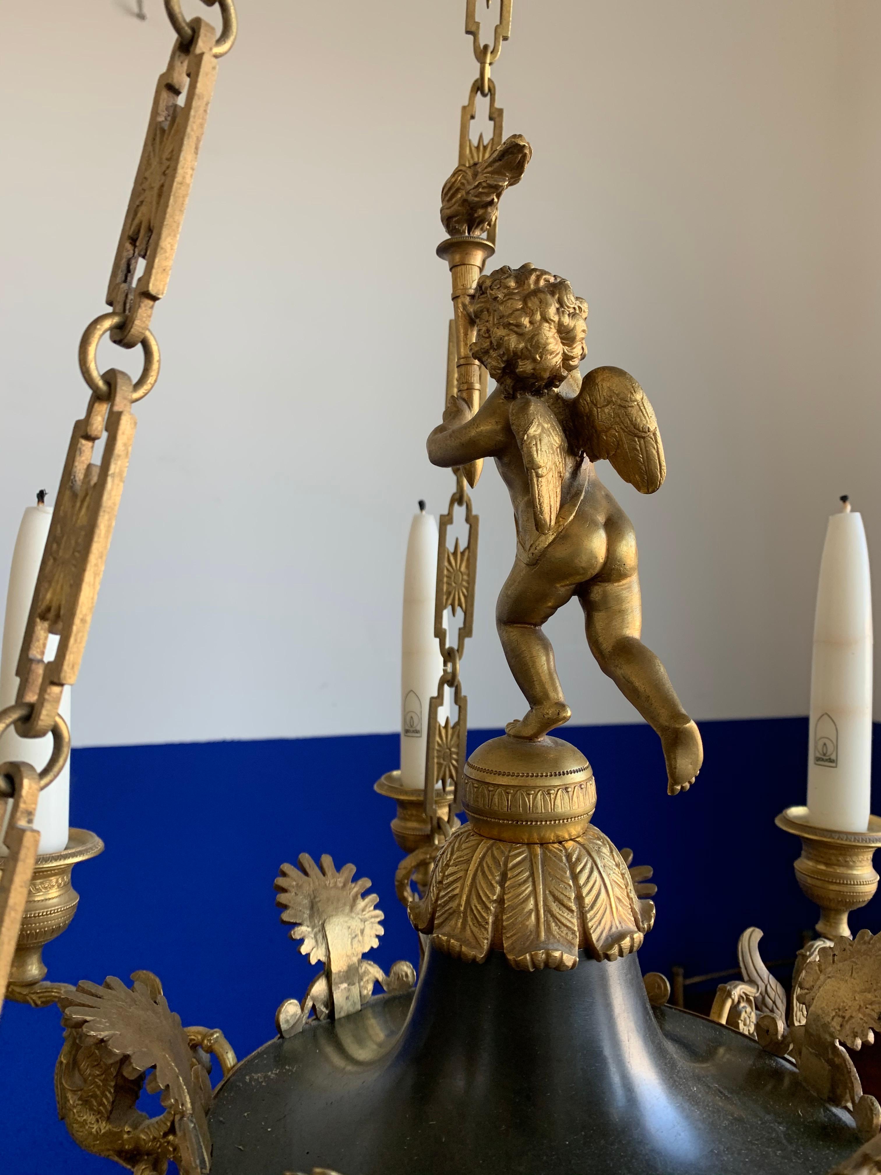 Antique French Empire Gilt Bronze Candle Pendant Light or Chandelier with Cherub For Sale 11