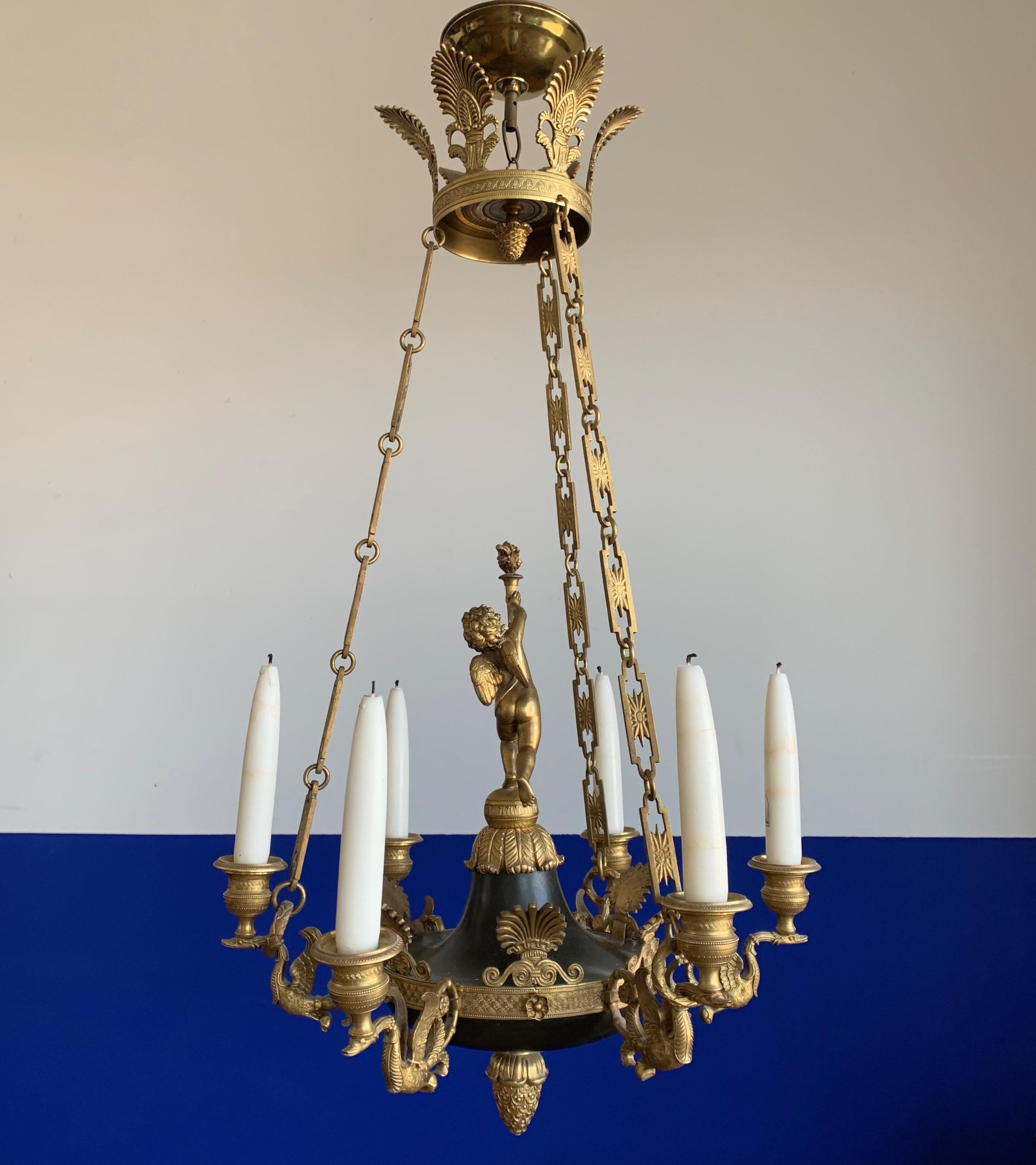 Antique French Empire Gilt Bronze Candle Pendant Light or Chandelier with Cherub For Sale 10