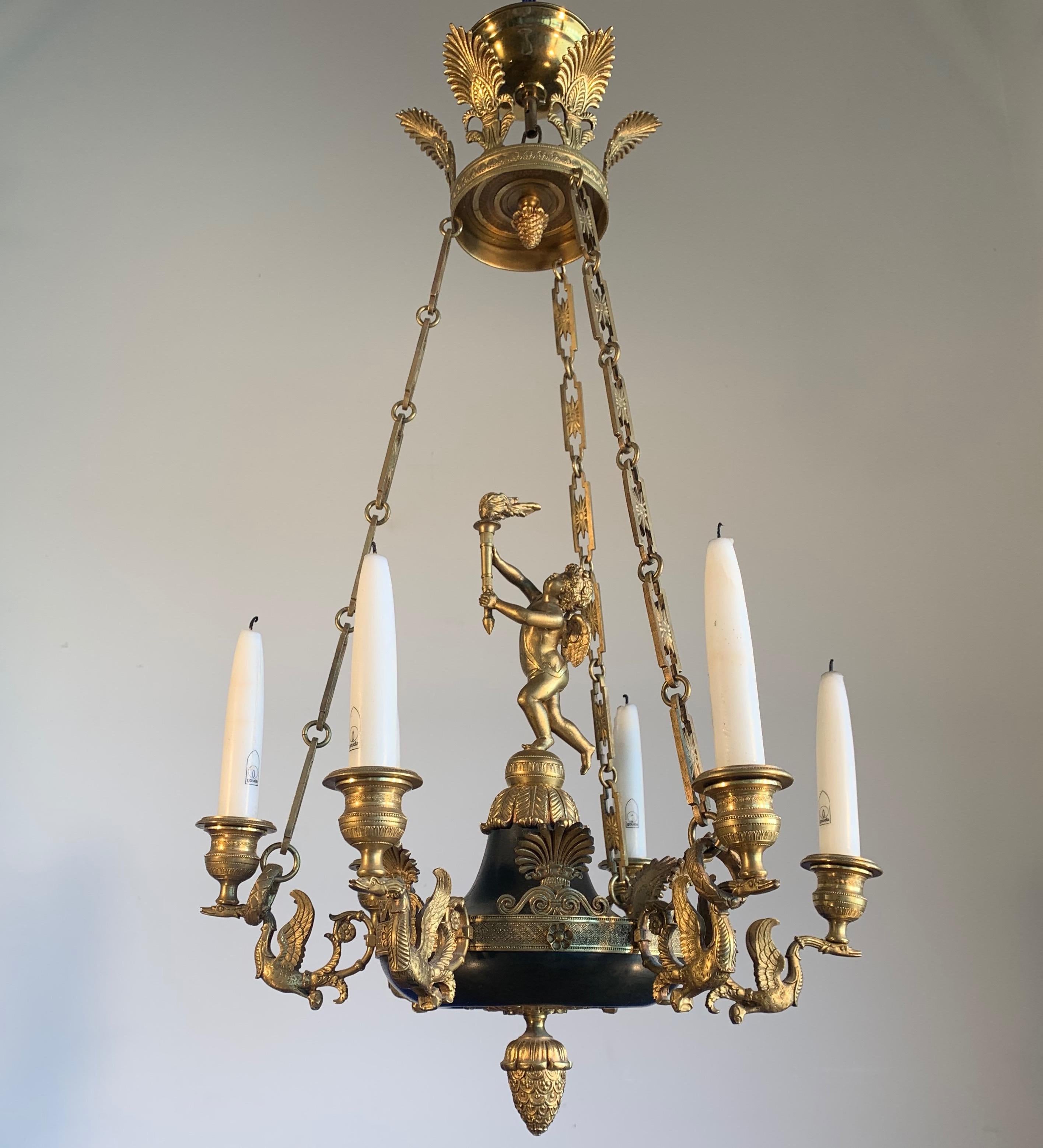 Empire Revival Antique French Empire Gilt Bronze Candle Pendant Light or Chandelier with Cherub For Sale