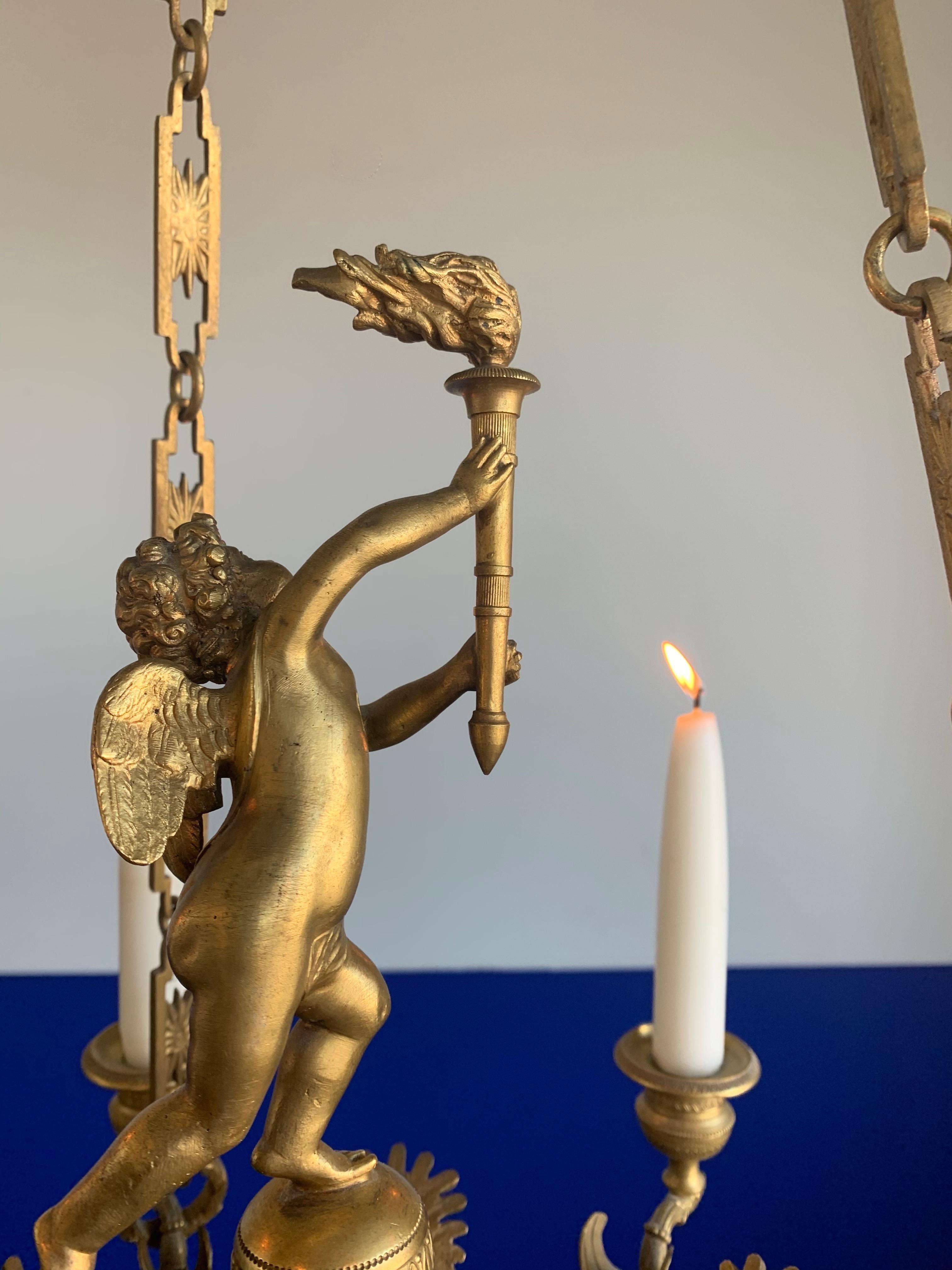 Mid-19th Century Antique French Empire Gilt Bronze Candle Pendant Light or Chandelier with Cherub For Sale