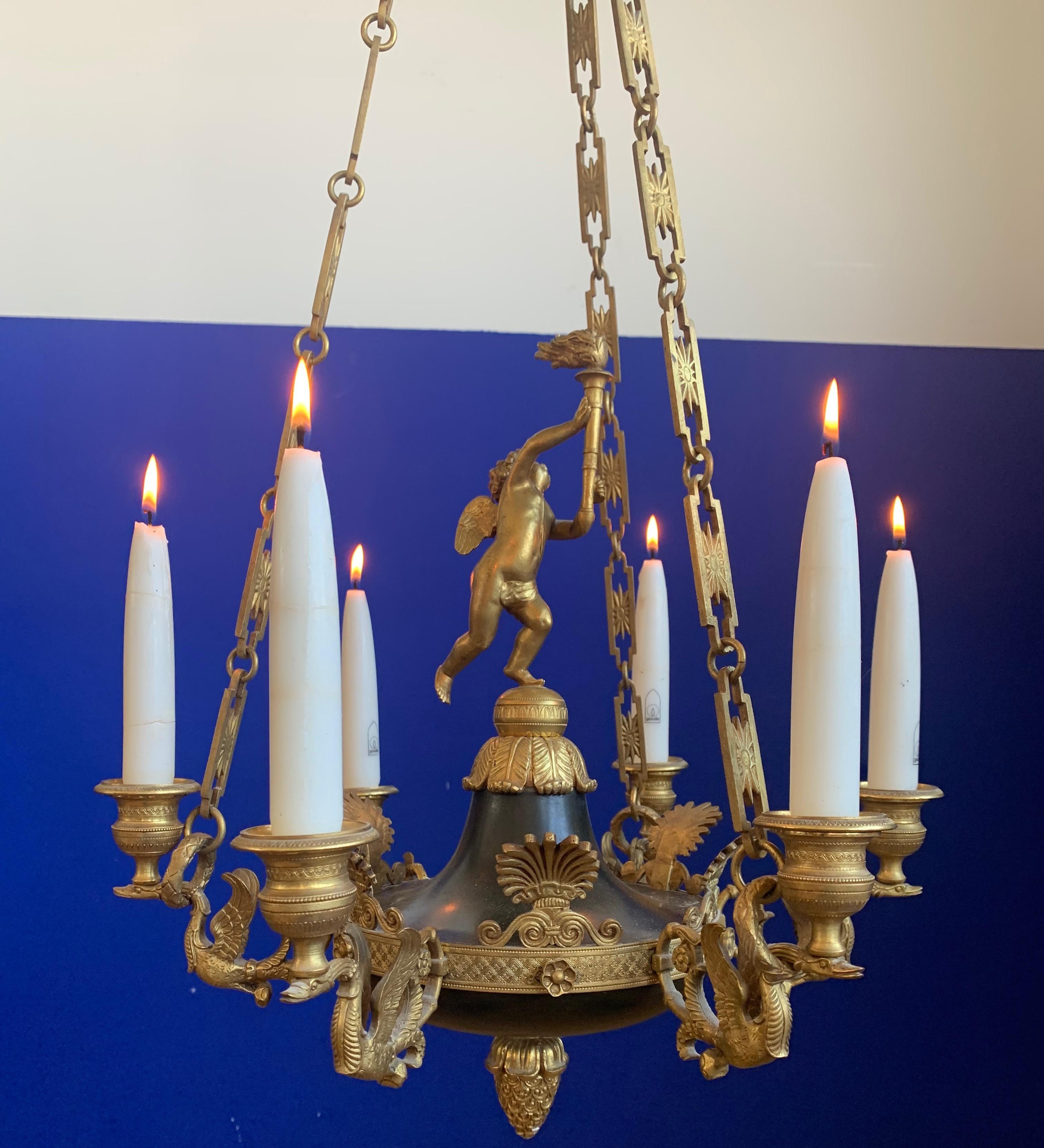 Antique French Empire Gilt Bronze Candle Pendant Light or Chandelier with Cherub For Sale 1