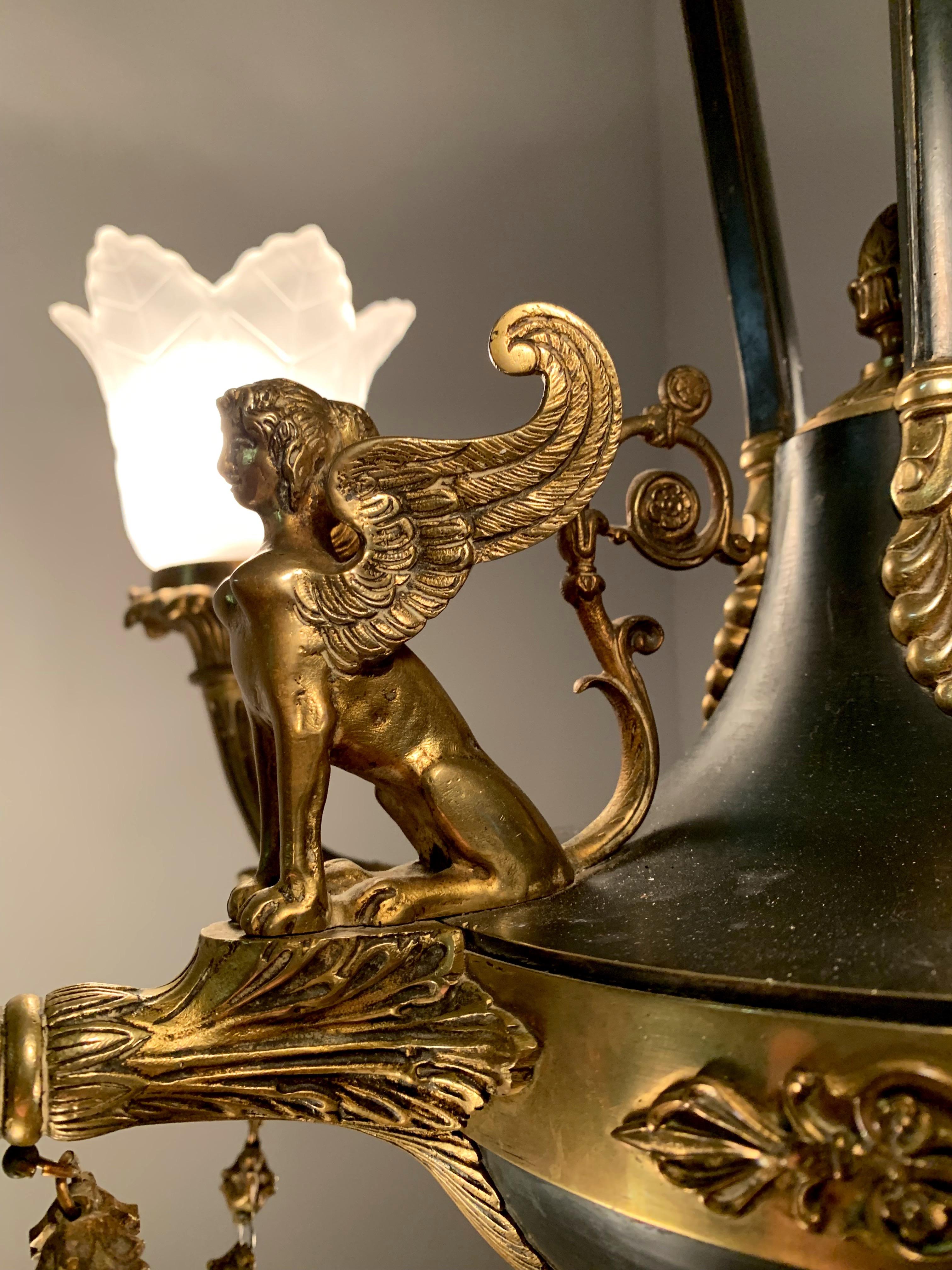Antique French Empire Style Gilt Bronze Chandelier with Sphinx & Eagle Sculpture 3
