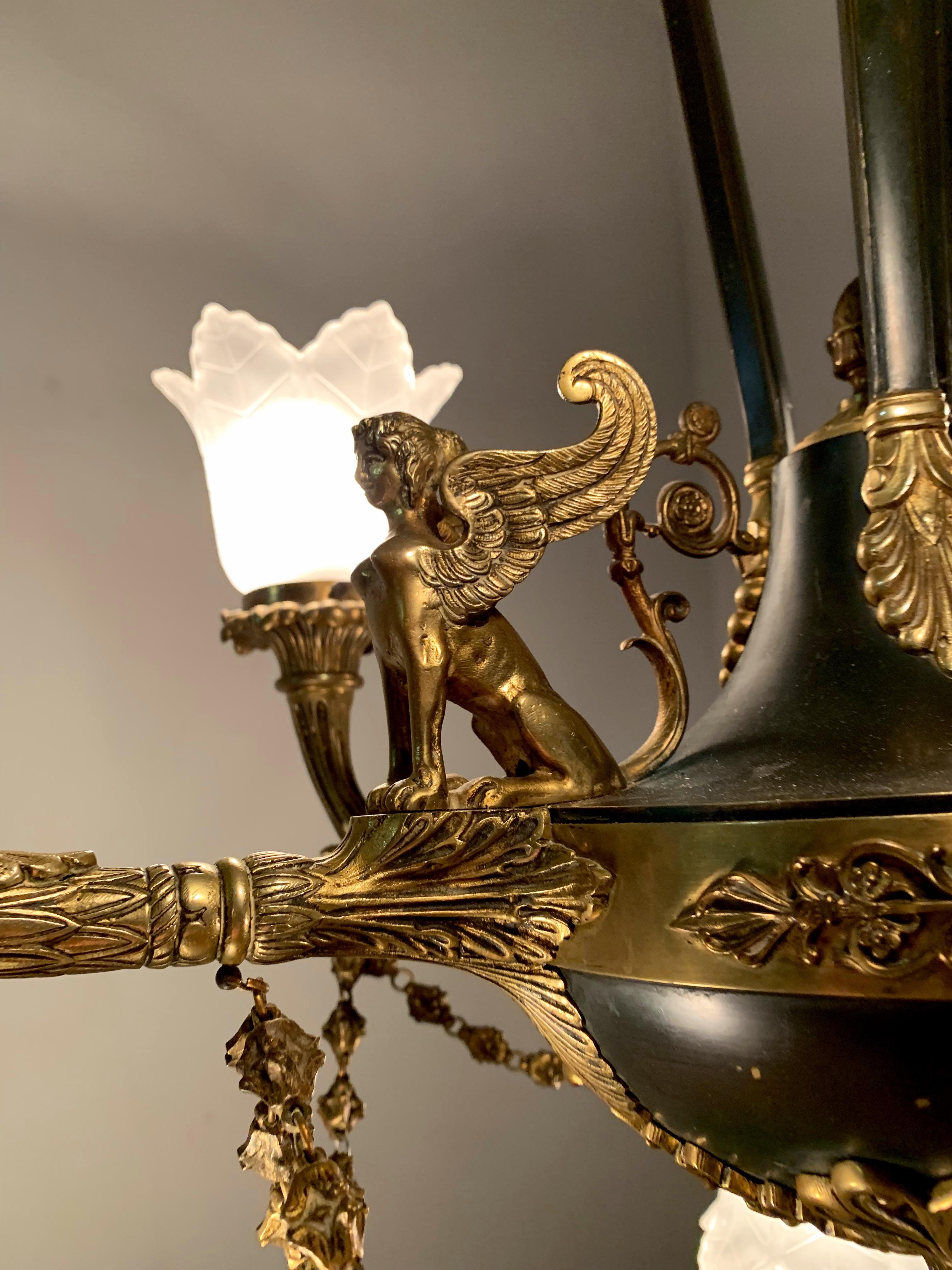 Antique French Empire Style Gilt Bronze Chandelier with Sphinx & Eagle Sculpture 8