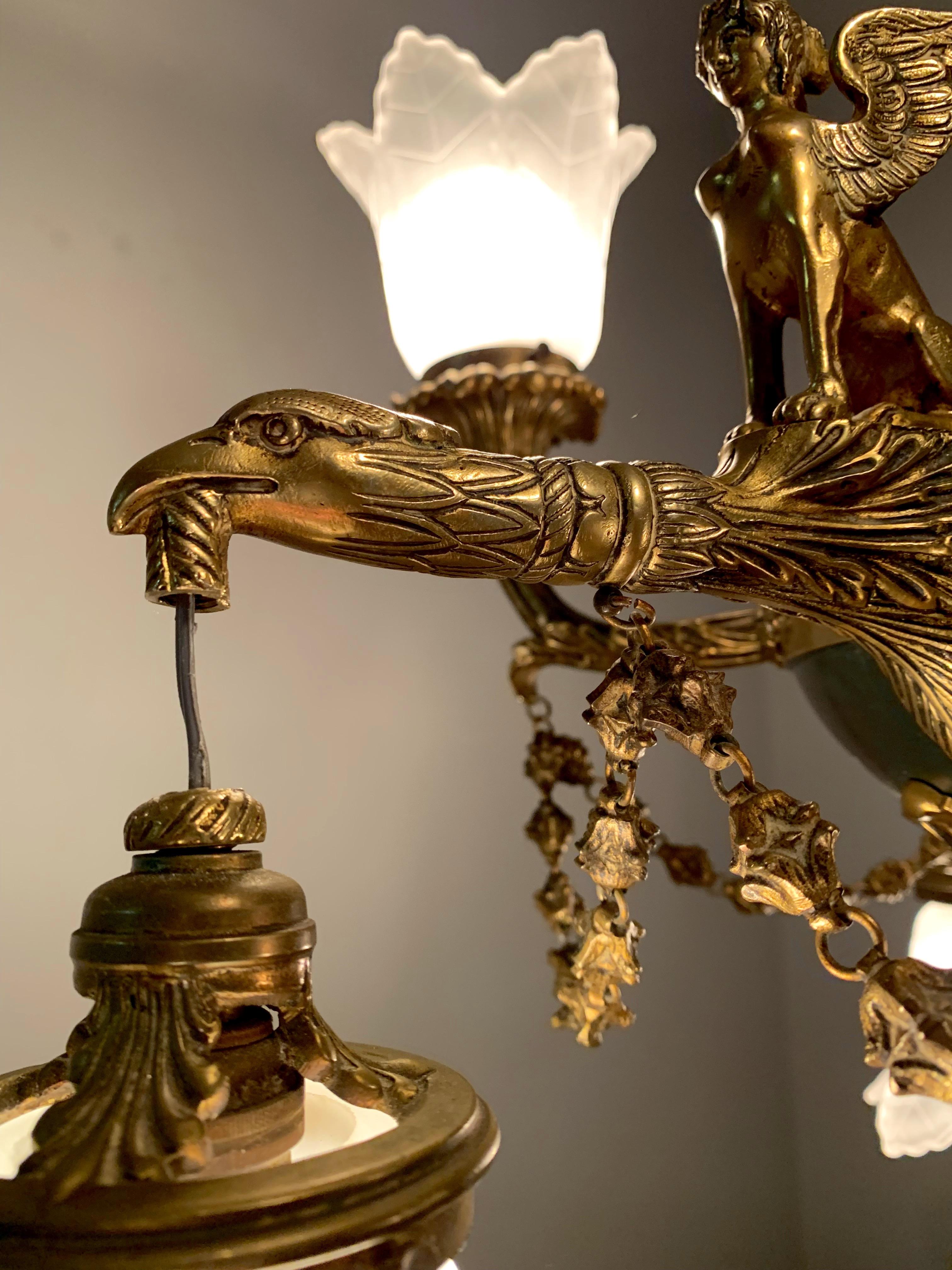Antique French Empire Style Gilt Bronze Chandelier with Sphinx & Eagle Sculpture 9