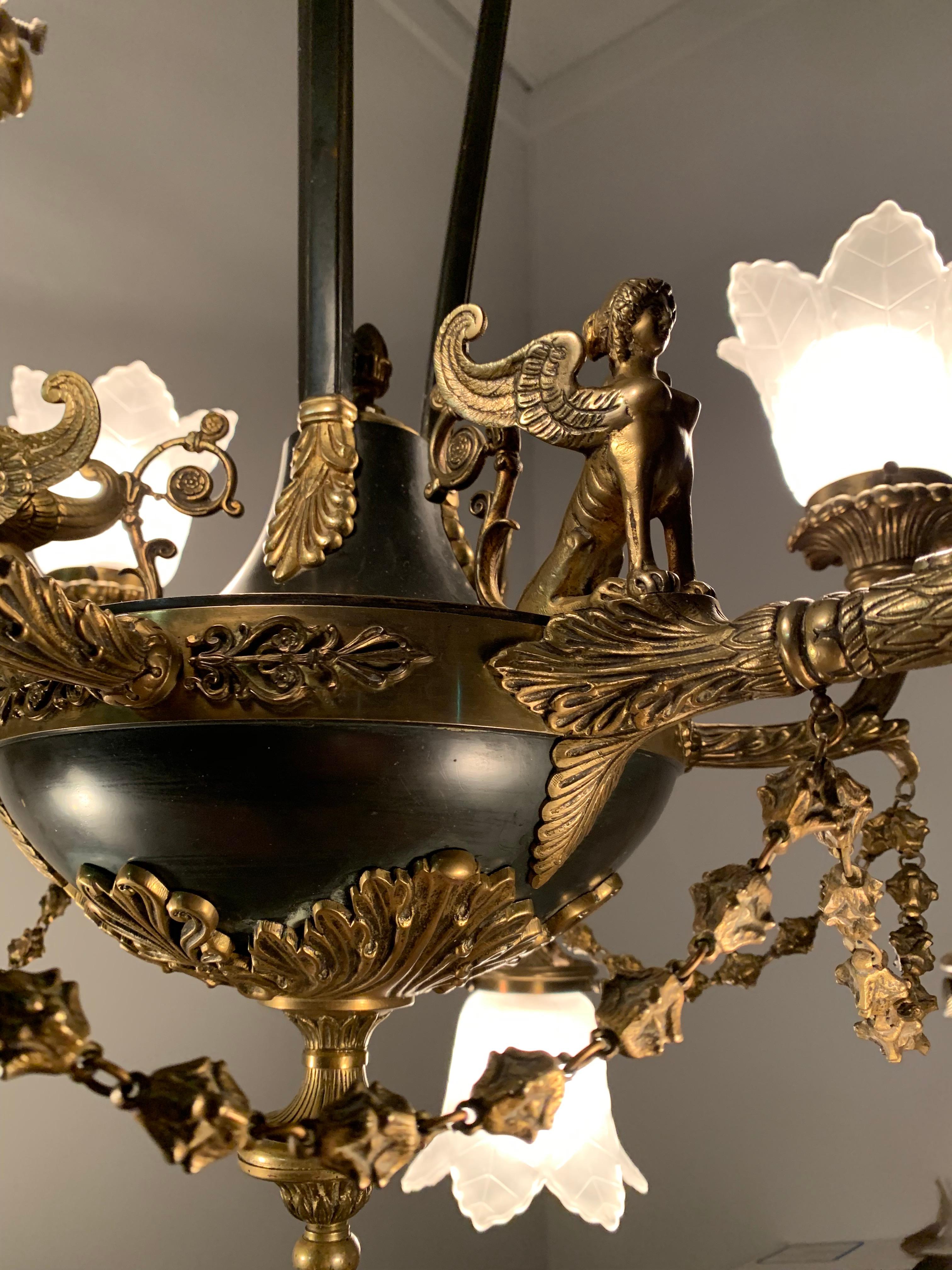 Antique French Empire Style Gilt Bronze Chandelier with Sphinx & Eagle Sculpture 10