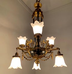 Antique French Empire Style Gilt Bronze Chandelier with Sphinx & Eagle Sculpture