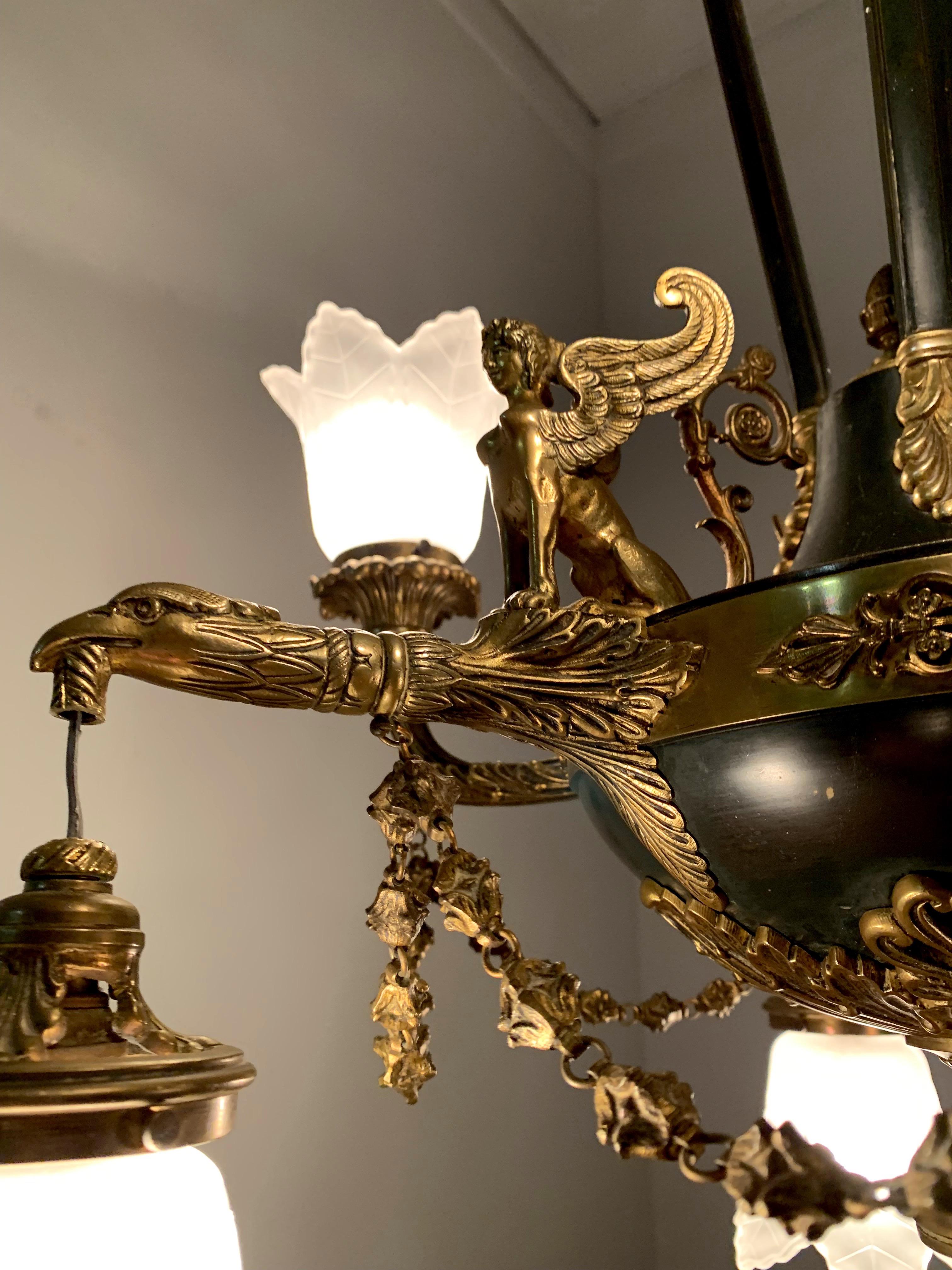 Antique French Empire Style Gilt Bronze Chandelier with Sphinx & Eagle Sculpture 13