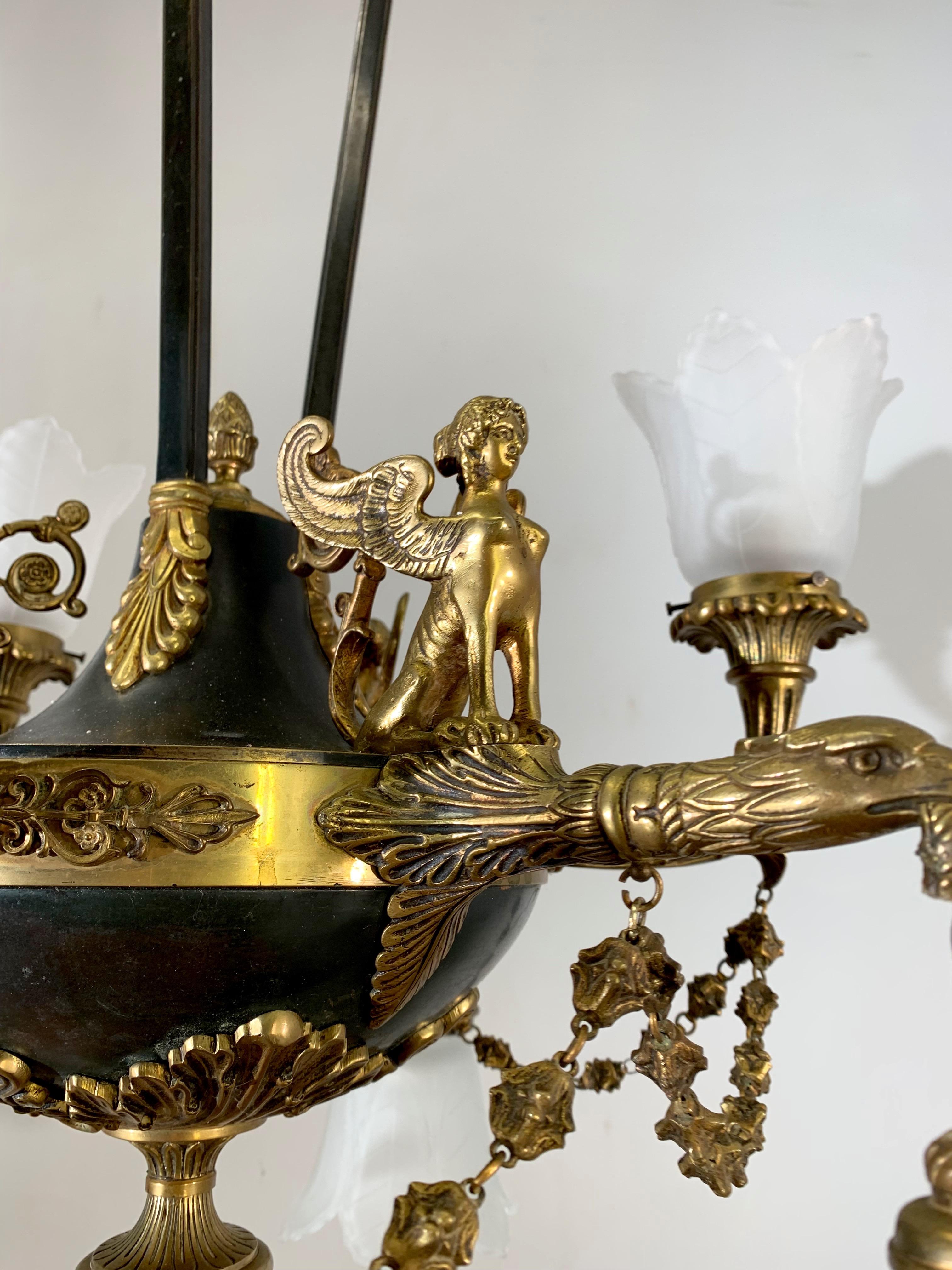 Empire Revival Antique French Empire Style Gilt Bronze Chandelier with Sphinx & Eagle Sculpture