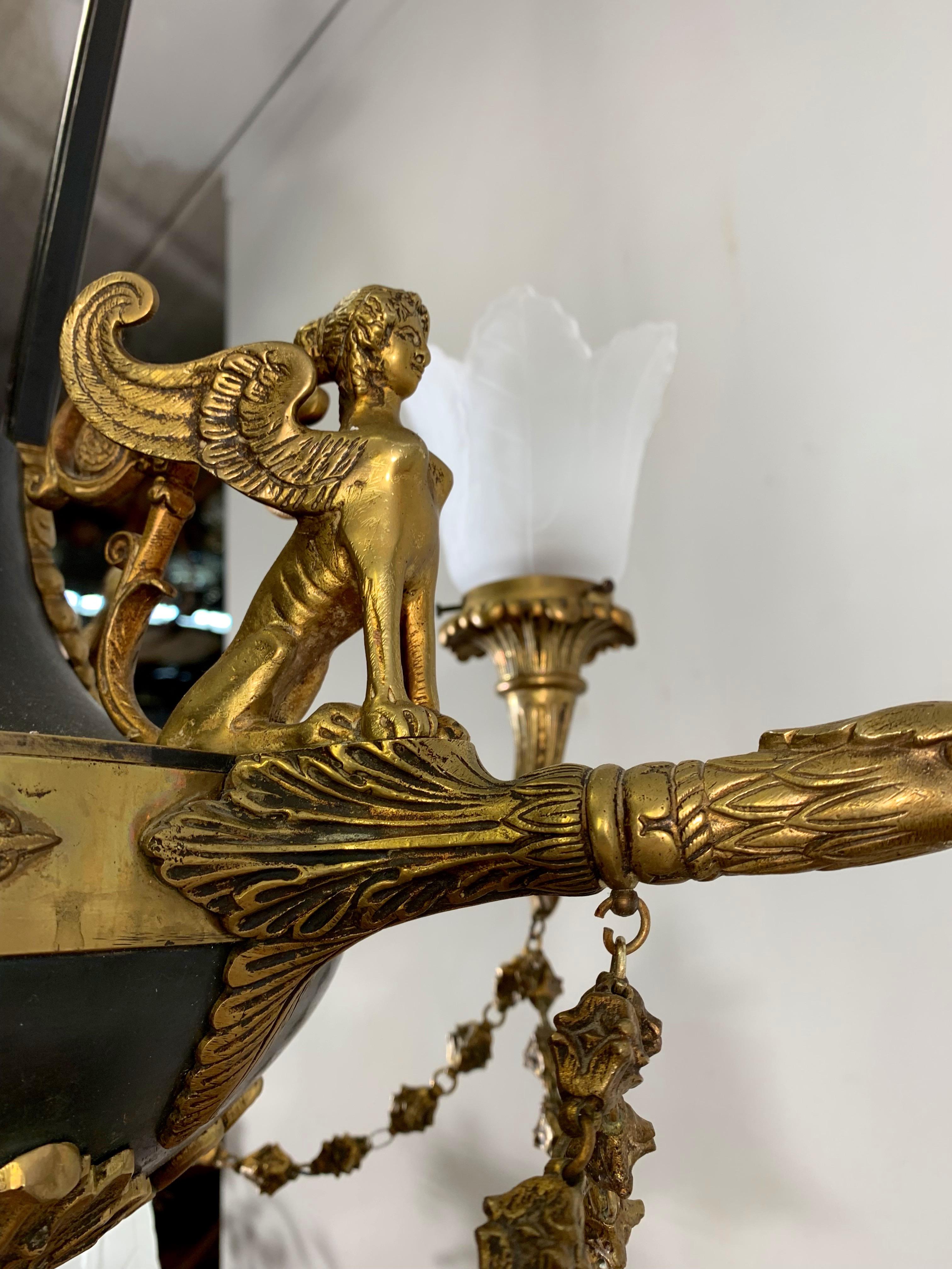 20th Century Antique French Empire Style Gilt Bronze Chandelier with Sphinx & Eagle Sculpture