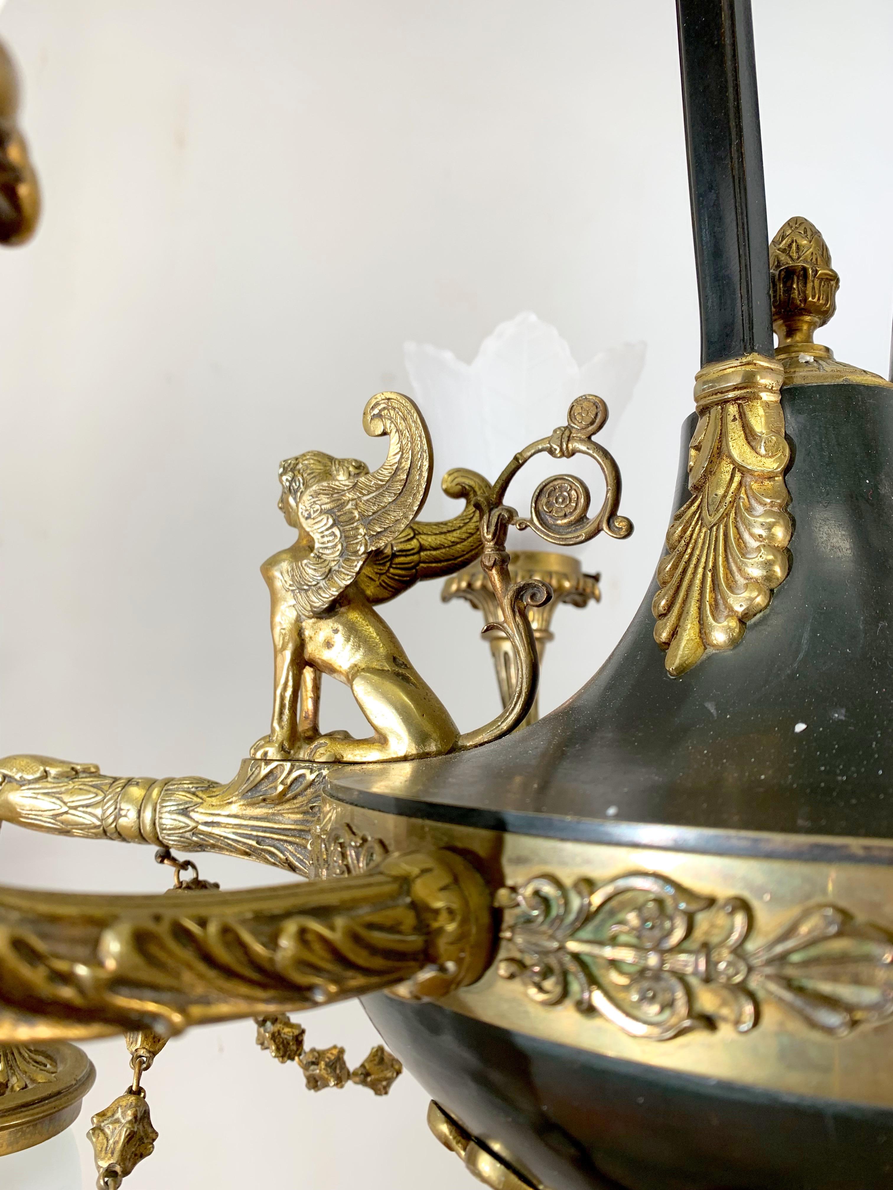 Metal Antique French Empire Style Gilt Bronze Chandelier with Sphinx & Eagle Sculpture