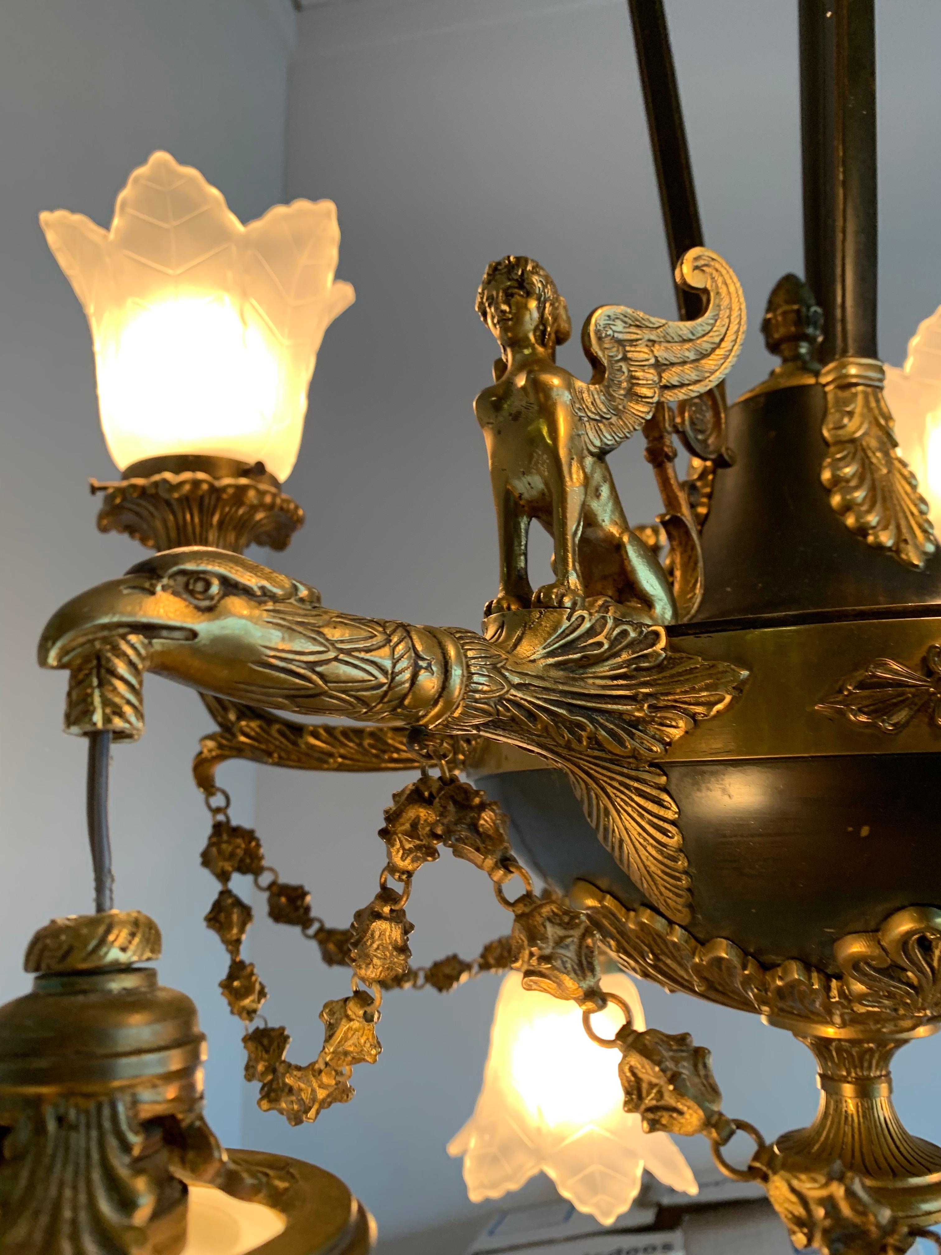 Antique French Empire Style Gilt Bronze Chandelier with Sphinx & Eagle Sculpture 2