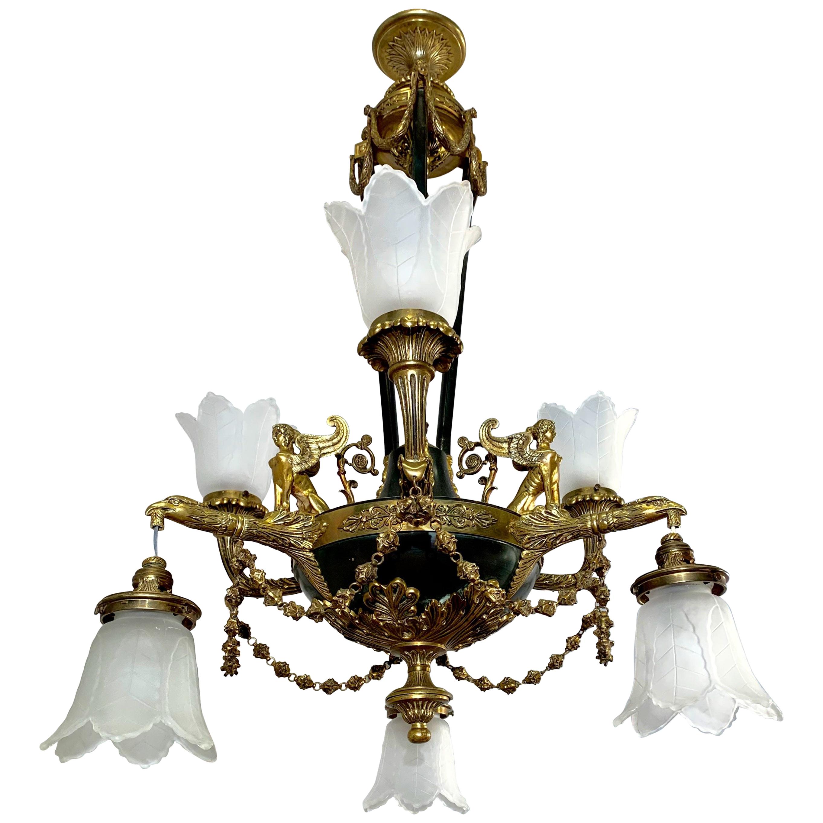 Antique French Empire Style Gilt Bronze Chandelier with Sphinx & Eagle Sculpture