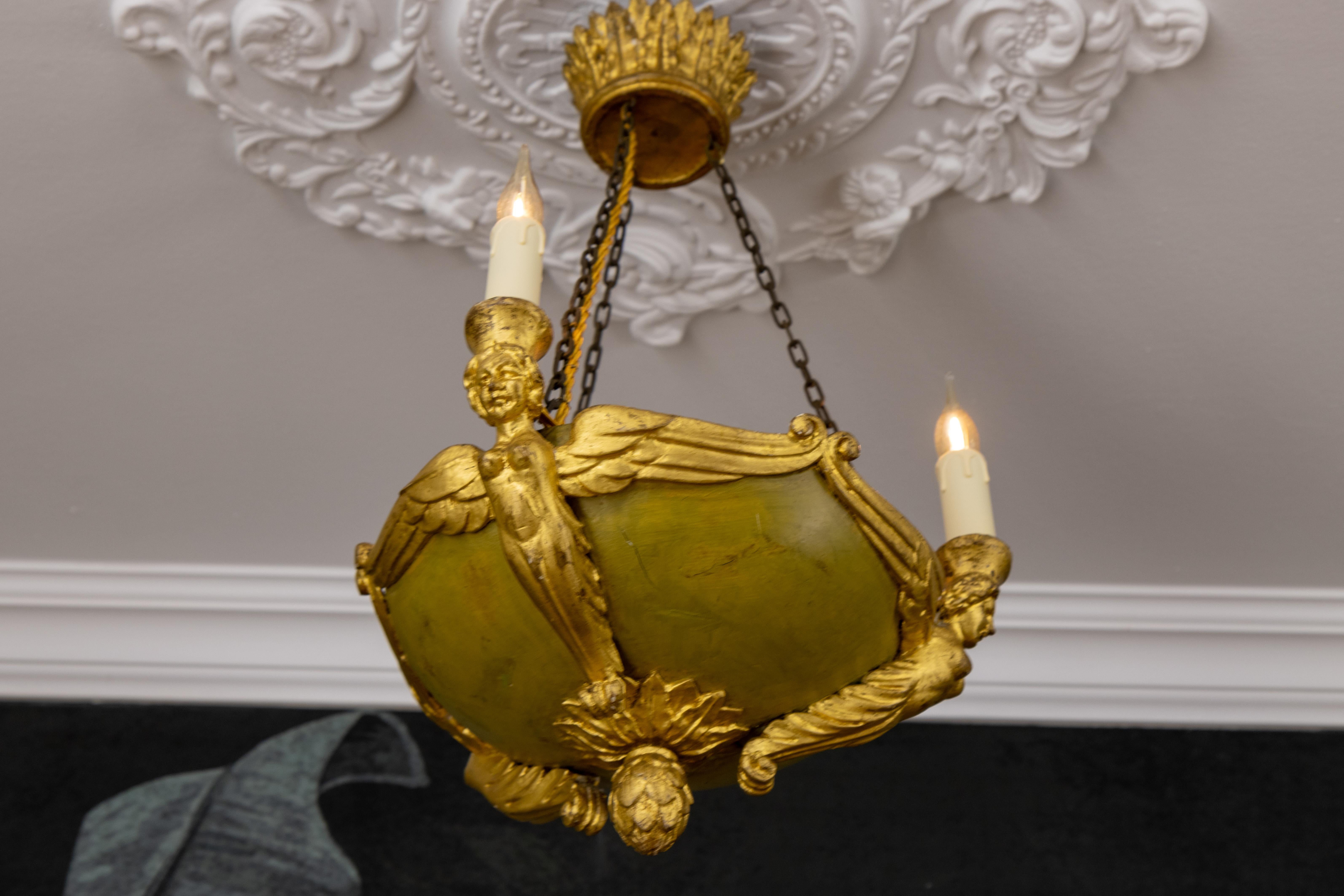 Antique French Empire Style Giltwood Three-Light Chandelier, Mid-19th Century For Sale 6
