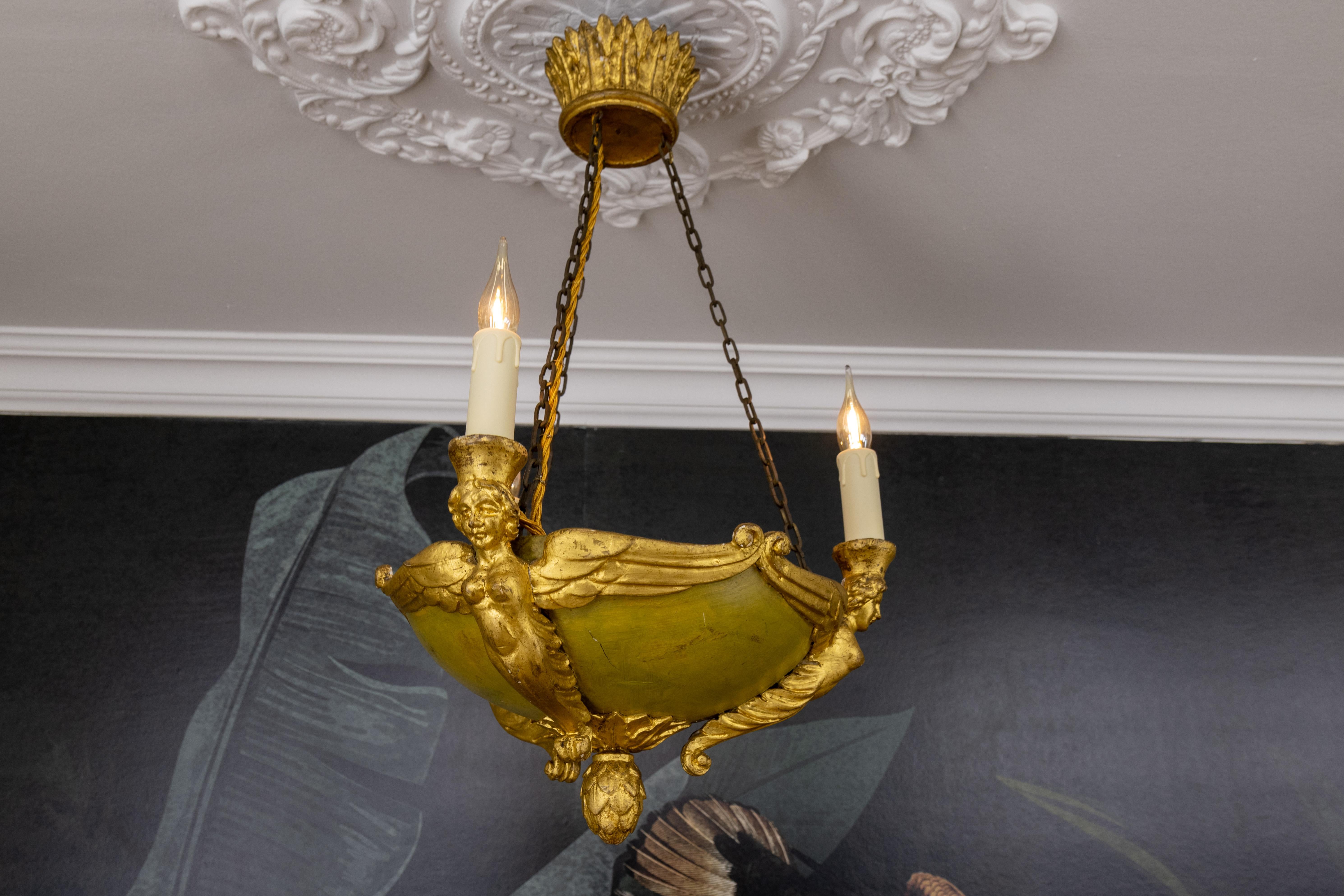 Antique French Empire Style Giltwood Three-Light Chandelier, Mid-19th Century For Sale 7