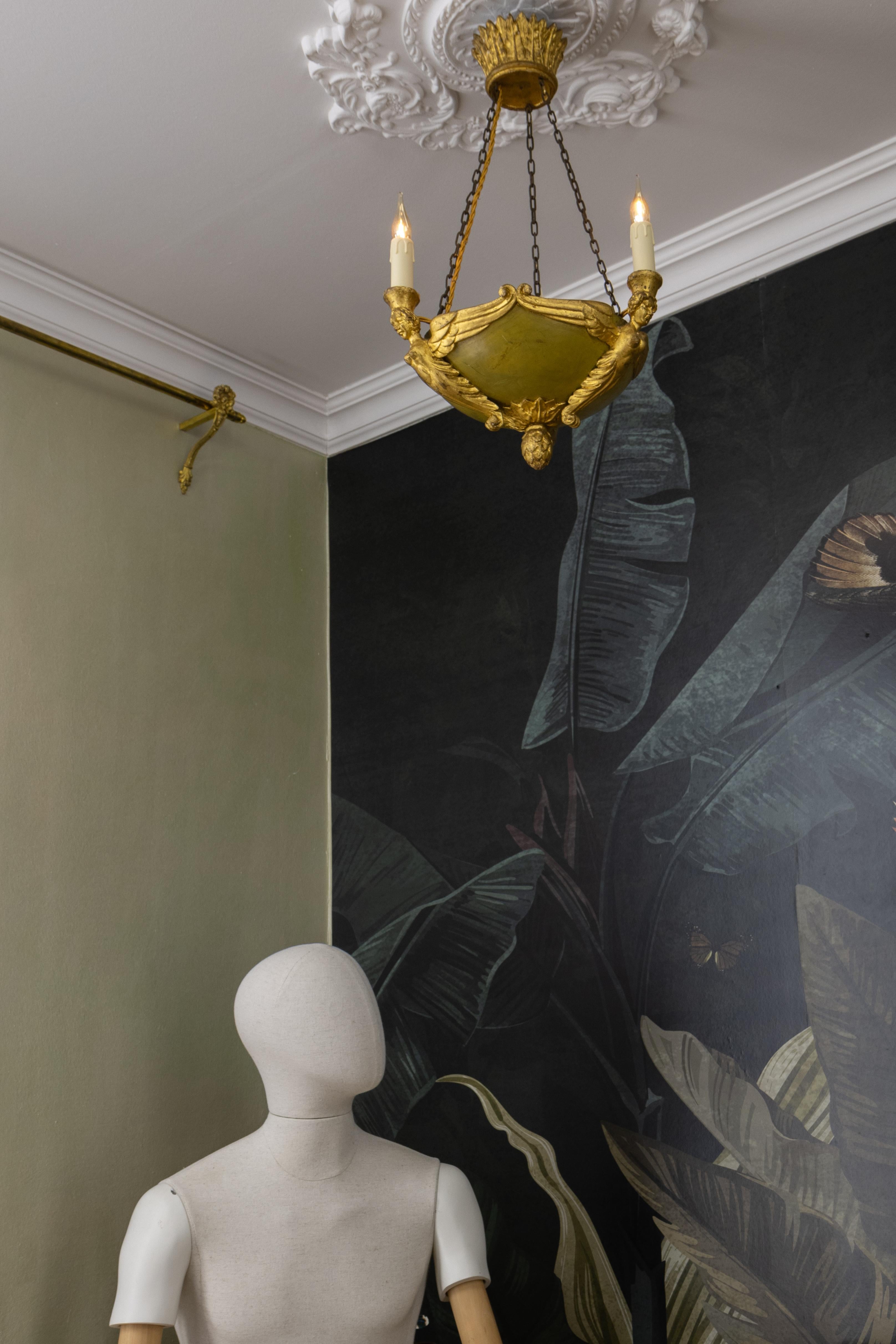 Antique French Empire Style Giltwood Three-Light Chandelier, Mid-19th Century For Sale 10